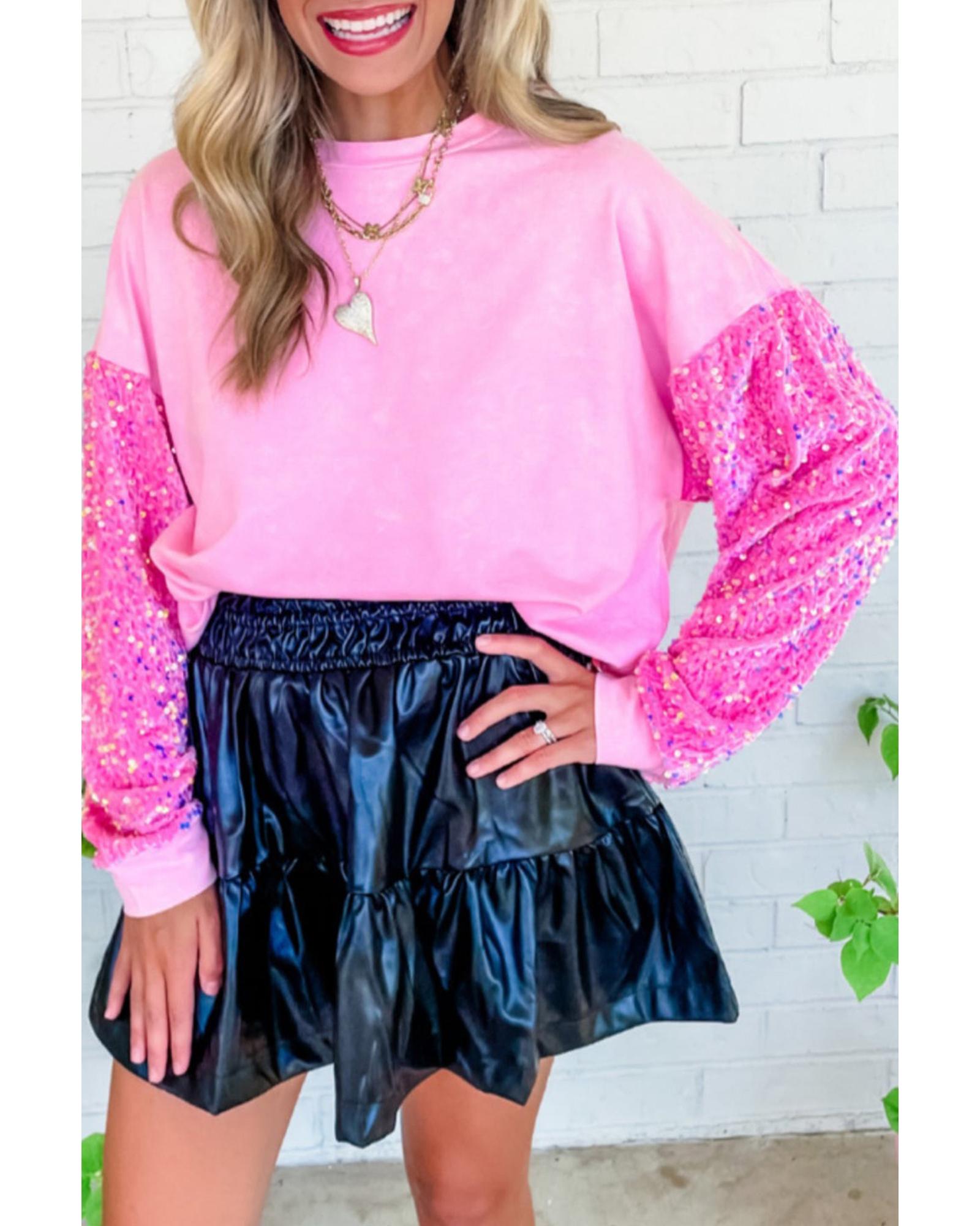 V539-AZEXDC25124364-P10-S-202506112015-00 Azura Exchange Pink Sequin Patchwork Long Sleeve Pullover Top - S - Image 1