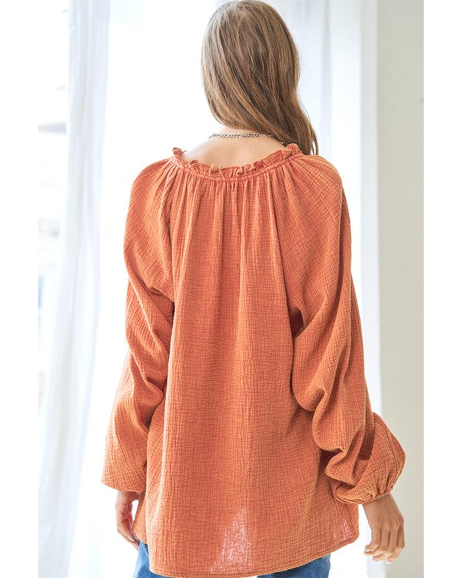 V539-AZEXDC25124711-P14-M-202508271900-00 Orange Crinkle Textured Frill Split Neck Puff Sleeve Blouse - M - Image 1