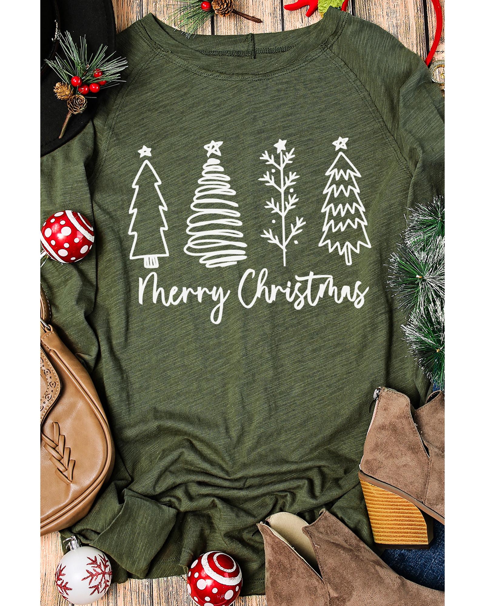 V539-AZEXDC25125068-9-S-202506112146-00 Green Merry Christmas Trees Thumbhole Sleeve Graphic Tee - S - Image 1