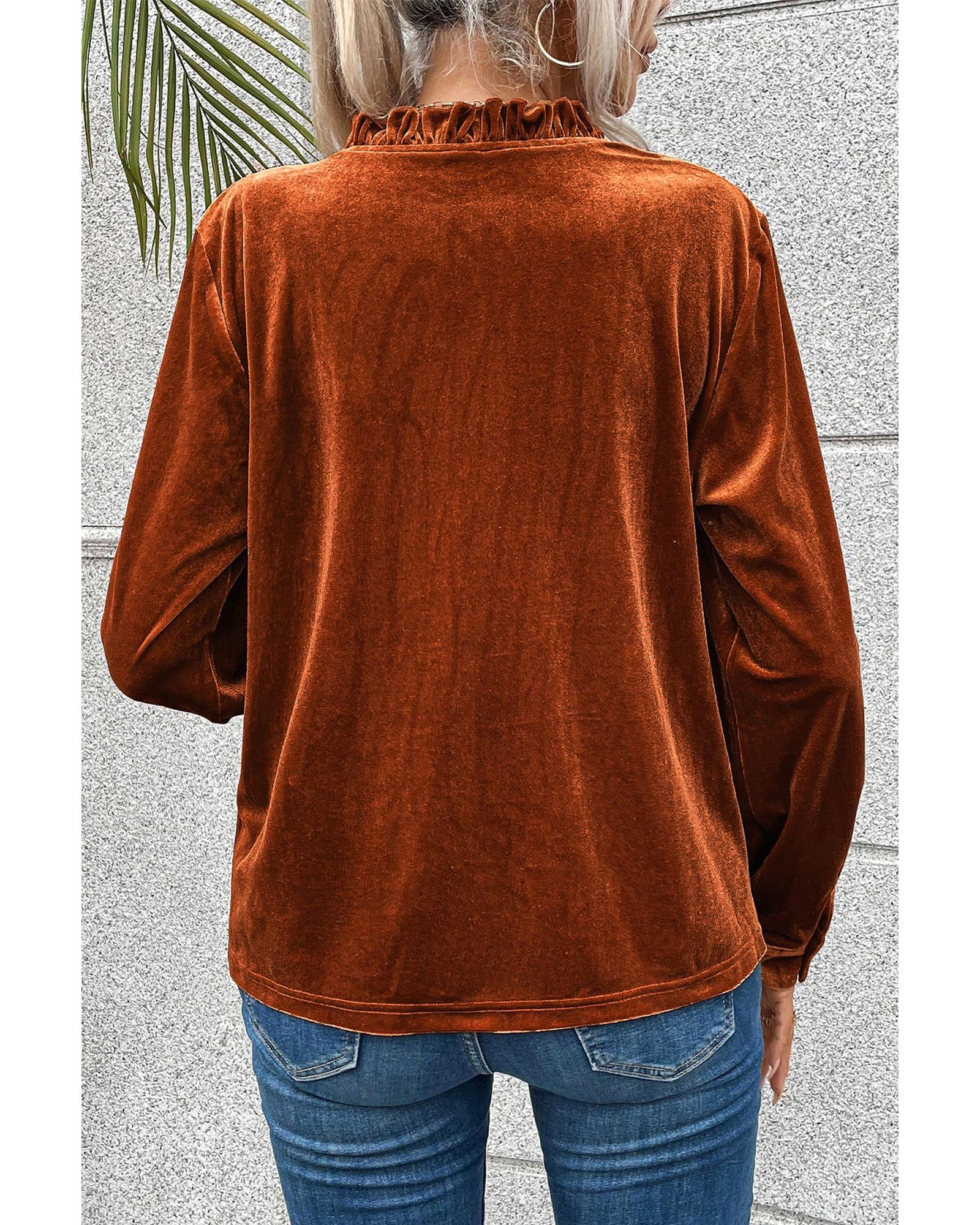 V539-AZEXDC25125096-P5014-L-202506191710-00 Gold Flame Frilled Collar Velvet Shirt - L - Image 1