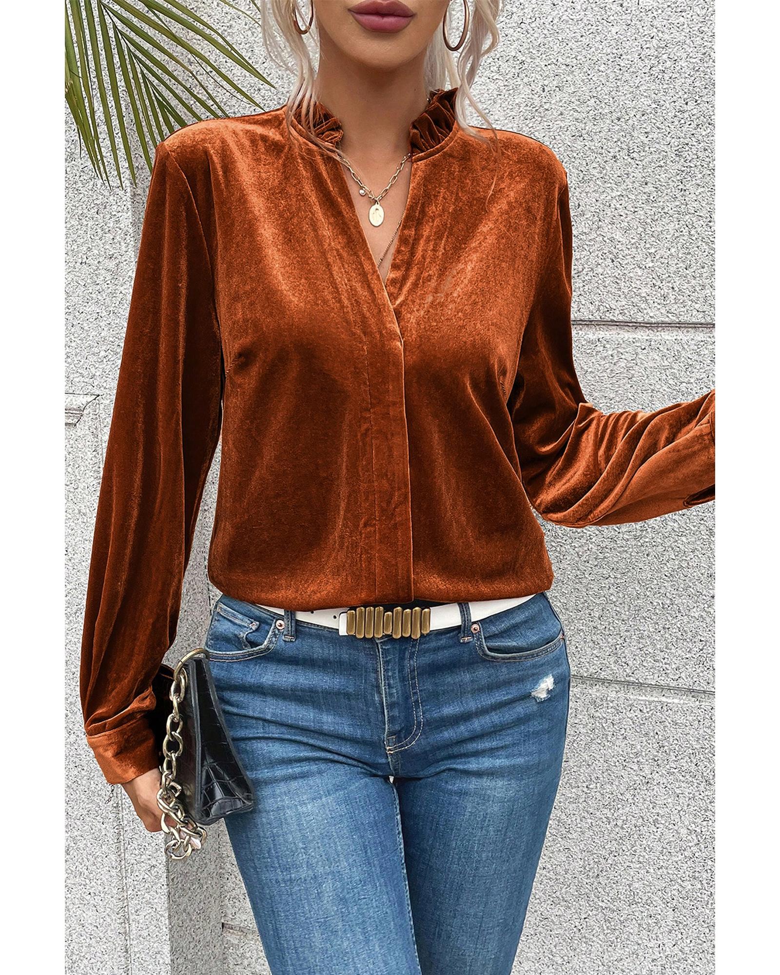 V539-AZEXDC25125096-P5014-S-202508271050-00 Gold Flame Frilled Collar Velvet Shirt - S - Image 1