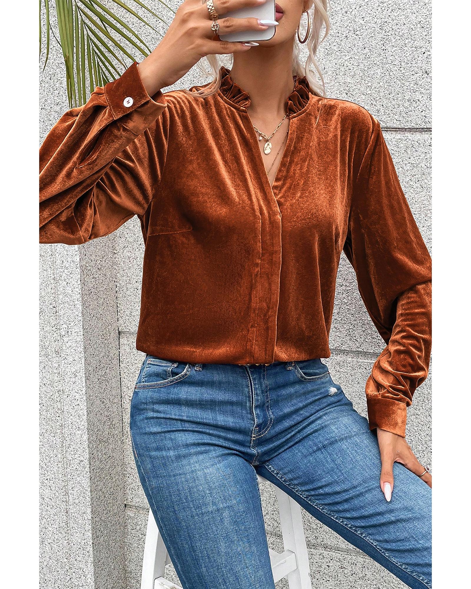 V539-AZEXDC25125096-P5014-XL-202508271200-00 Gold Flame Frilled Collar Velvet Shirt - XL - Image 1