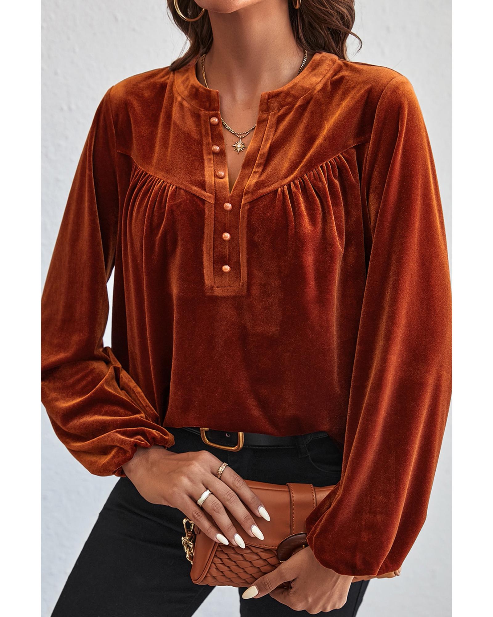 V539-AZEXDC25125101-P5014-L-202506112207-00 Gold Flame Lantern Sleeve Beaded Split V Neck Velvet Top - L - Image 1