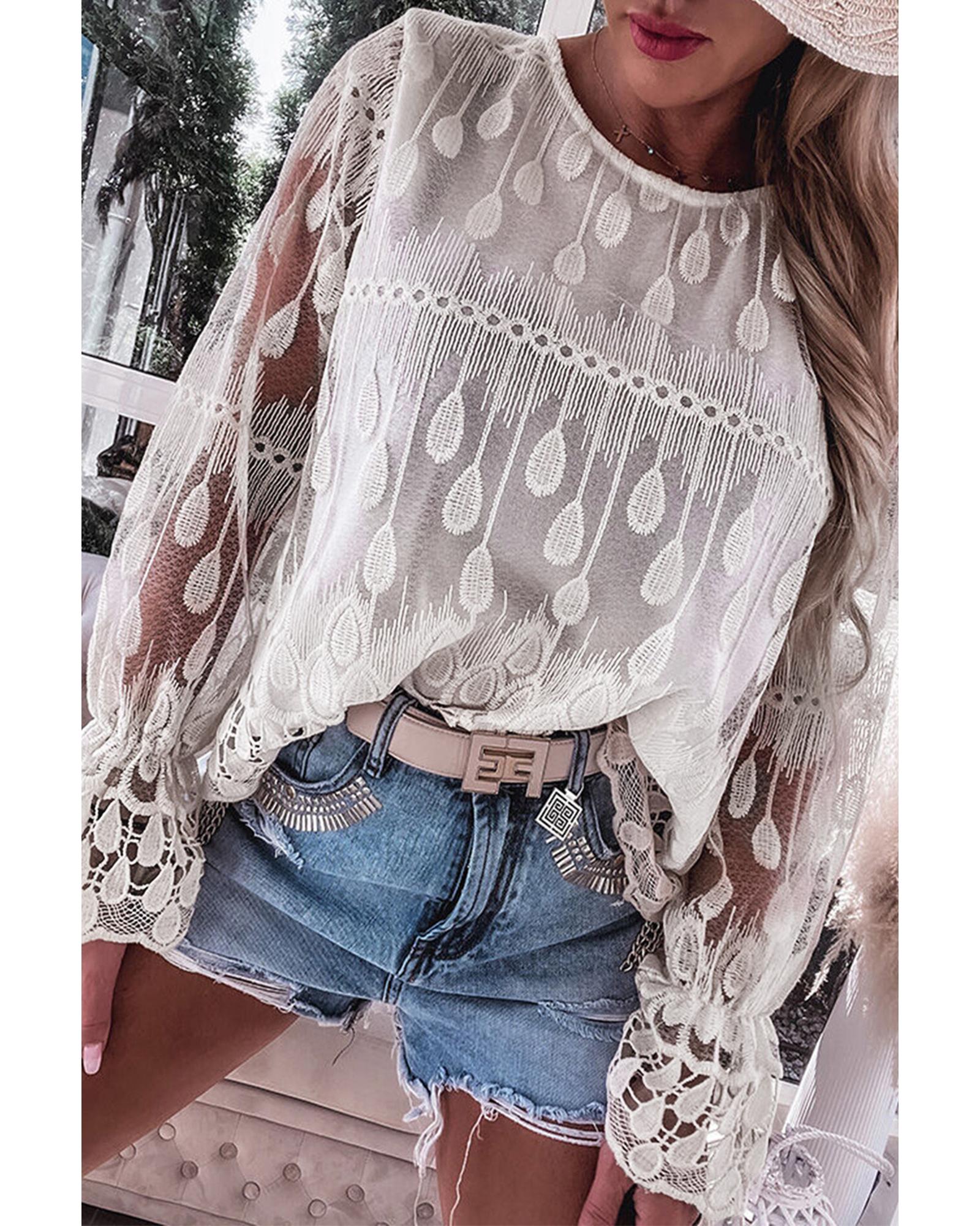 V539-AZEXDC25125816-P15-M-202508271650-00 Beige Embroidered Mesh Flounce Sleeve Blouse - M - Image 1