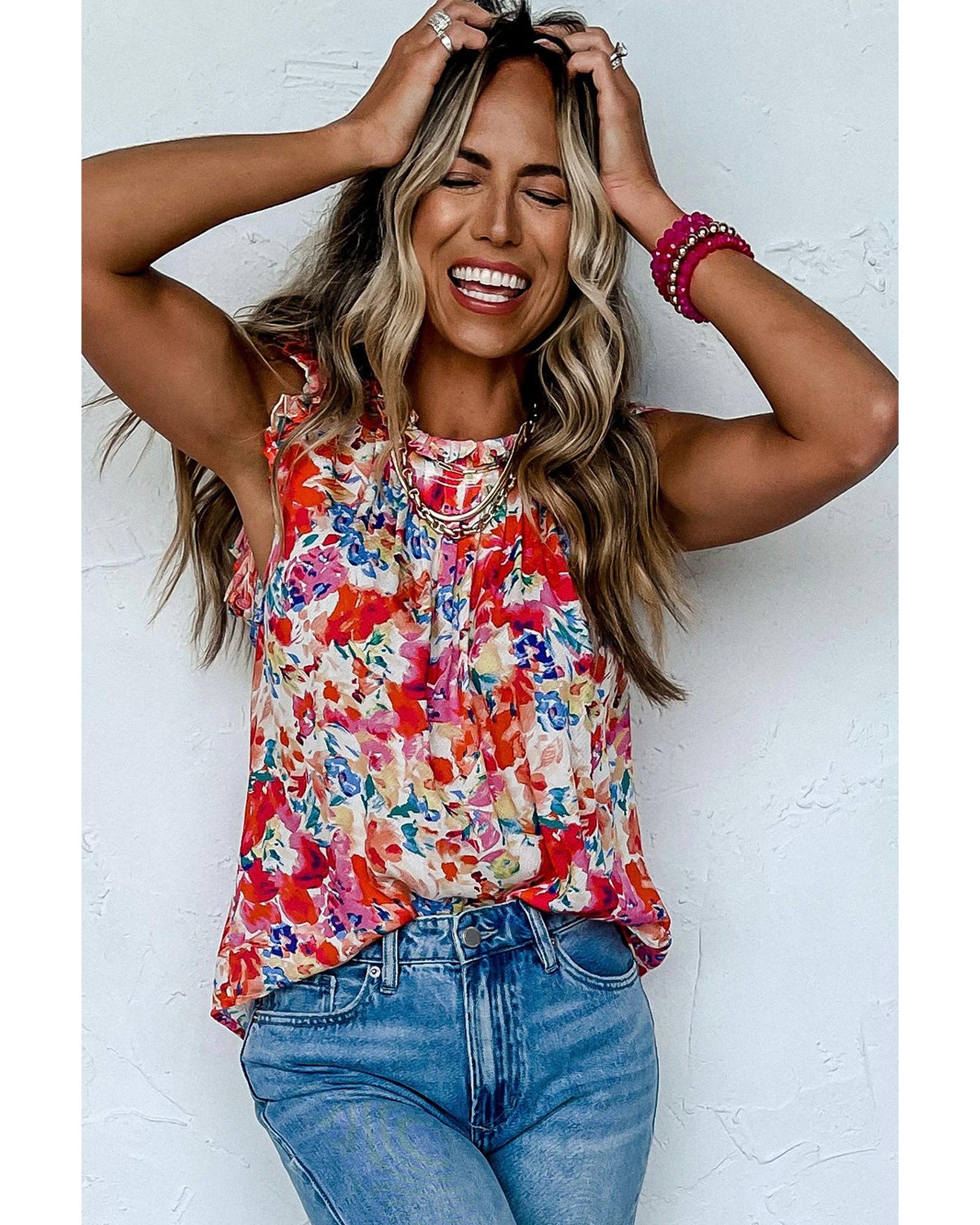 V539-AZEXDC25125925-P322-L-202506112332-00 Red Frilled Neck Pleated Boho Floral Tank Top - L - Image 1