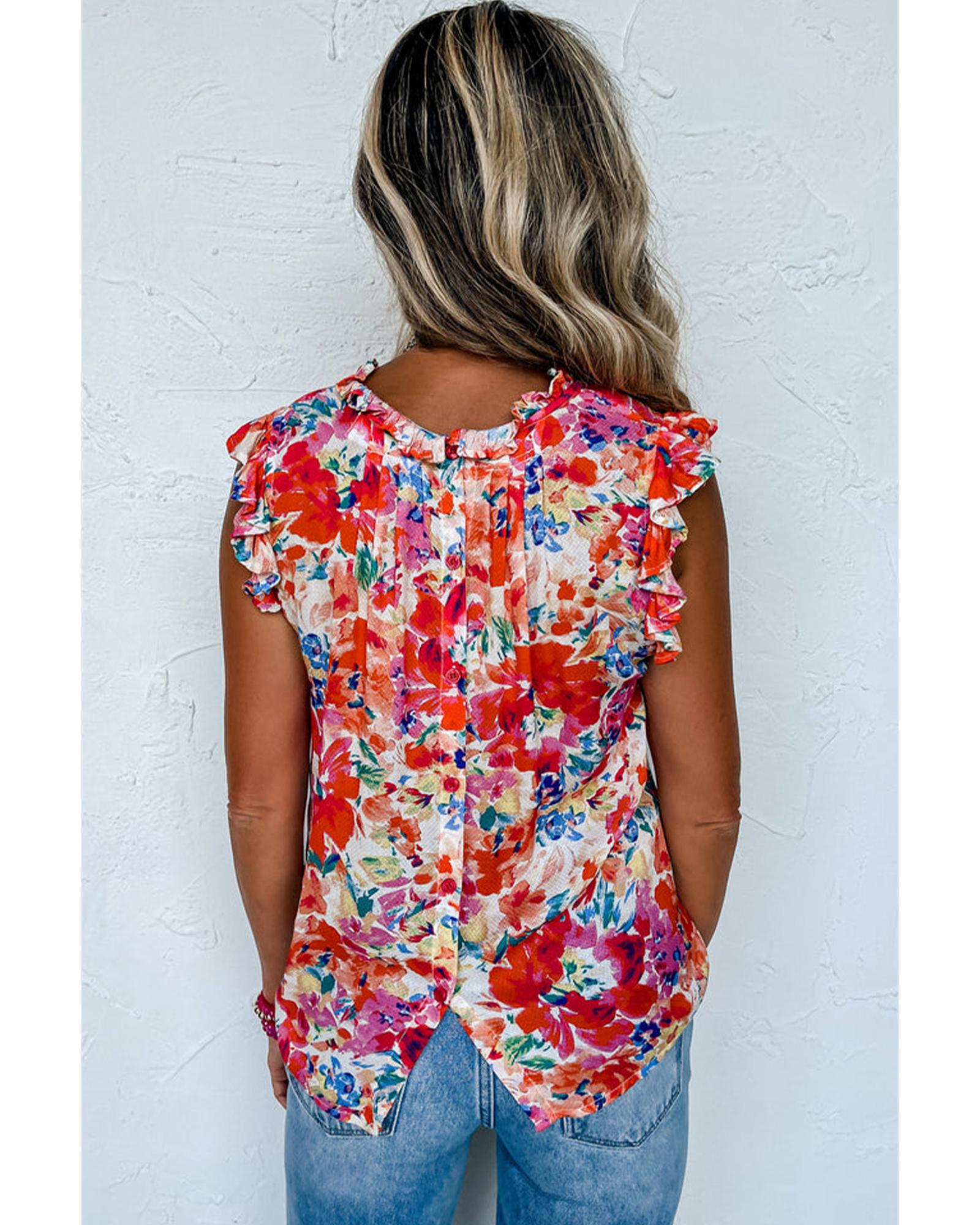 V539-AZEXDC25125925-P322-M-202508270605-00 Red Frilled Neck Pleated Boho Floral Tank Top - M - Image 1