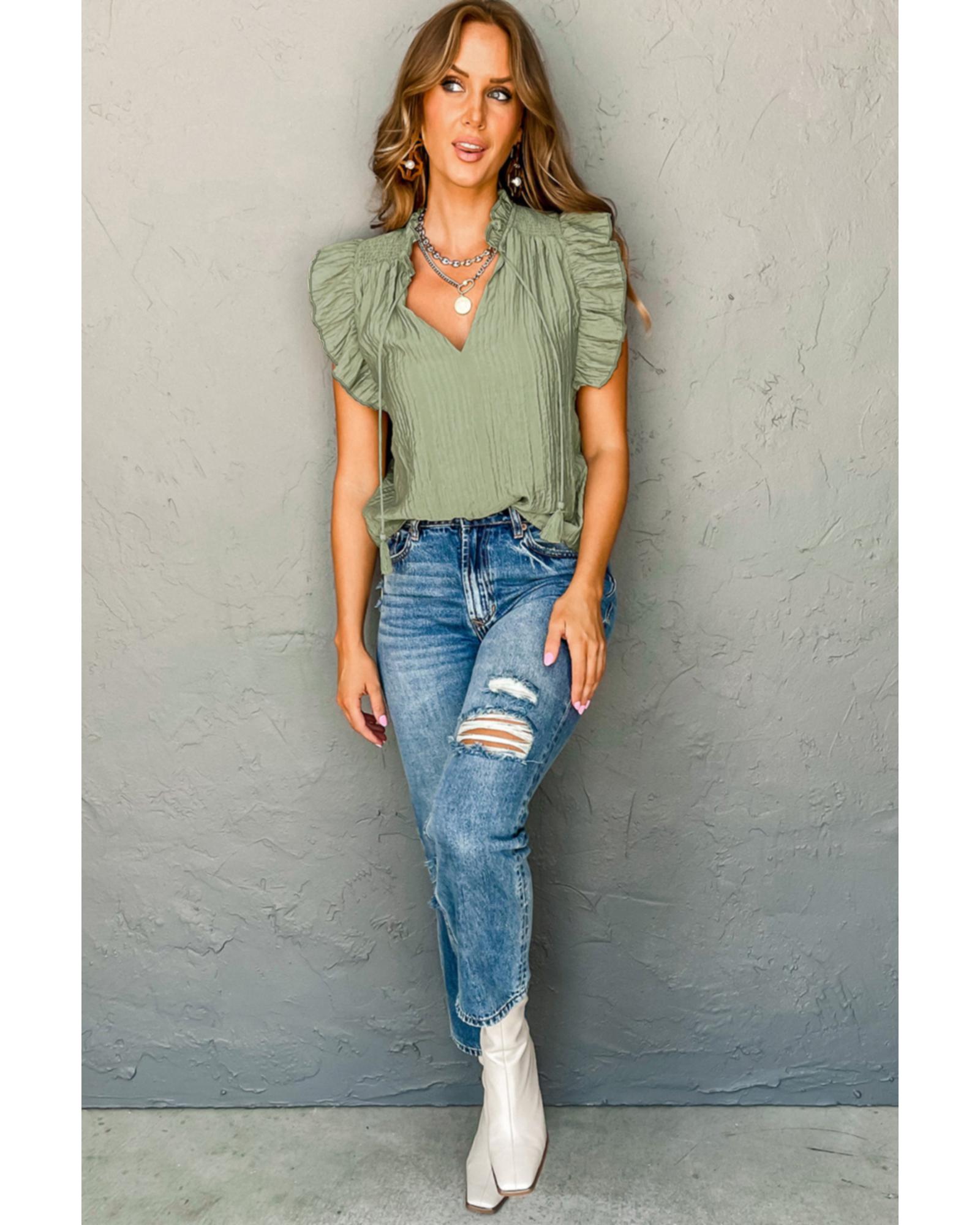 V539-AZEXDC25125934-P2009-XL-202508271100-00 Meadow Mist Green V Neck Flutter Sleeve Textured Blouse - XL - Image 1