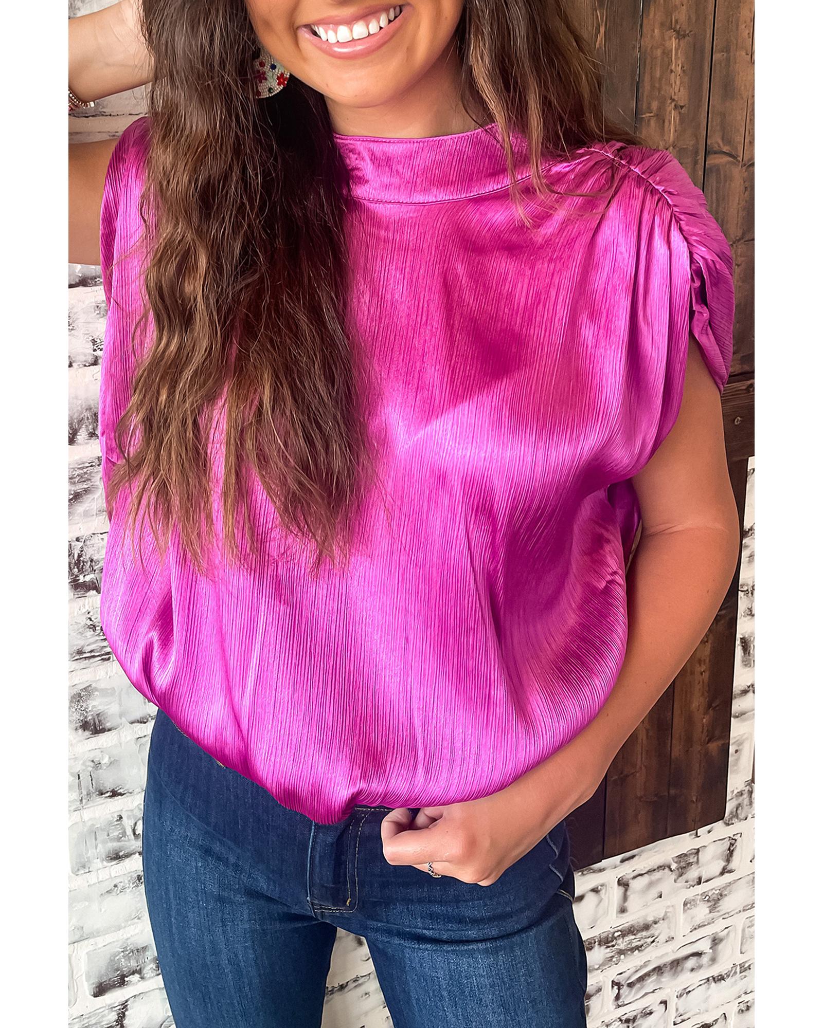 V539-AZEXDC25126790-P106-XL-202506120311-00 Bright Pink Ruched Sleeves Knotted Backless Blouse - XL - Image 1