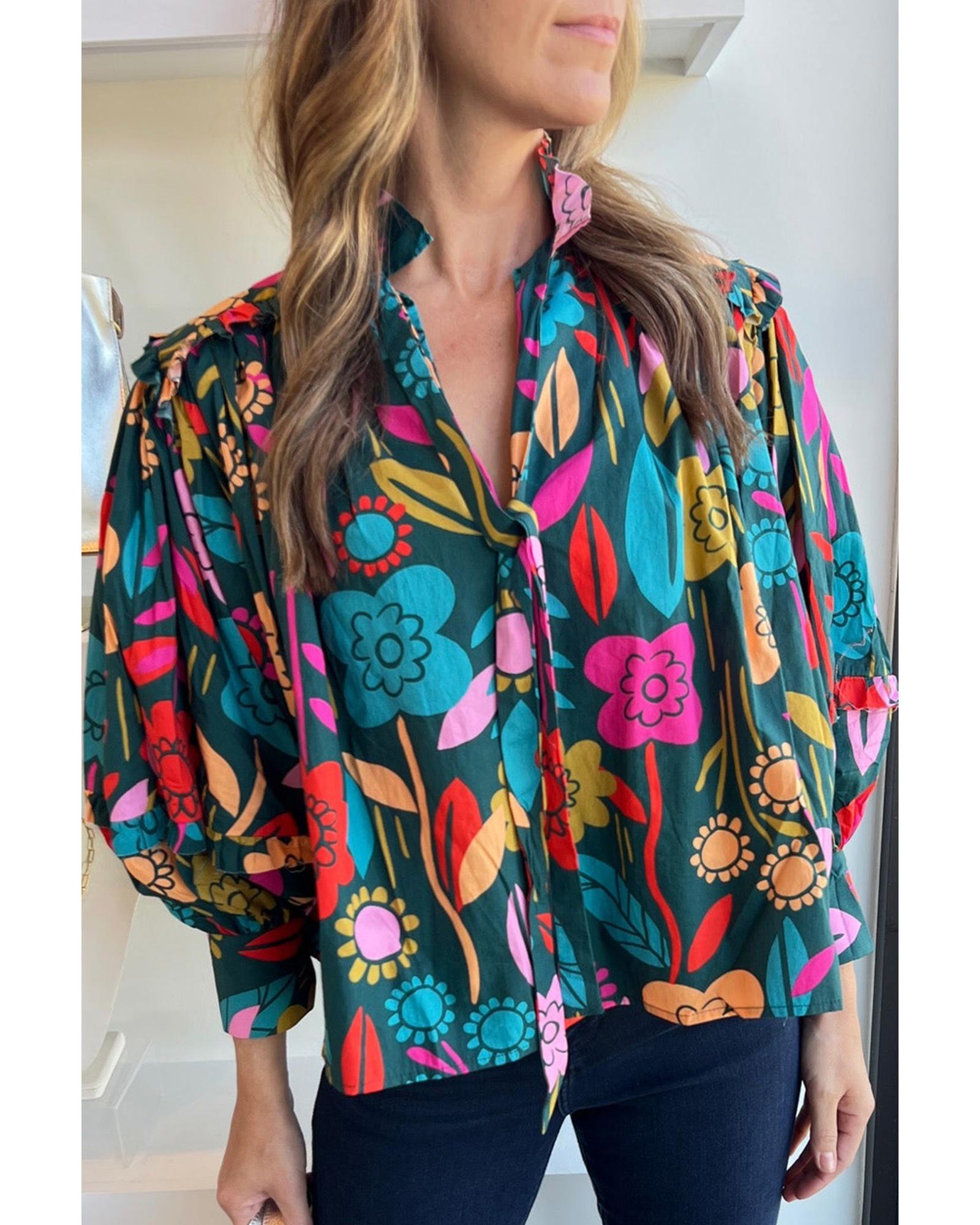 V539-AZEXDC25126809-P920-S-202506120315-00 Green Floral Knot Split Neck Puff Sleeve Blouse - S - Image 1