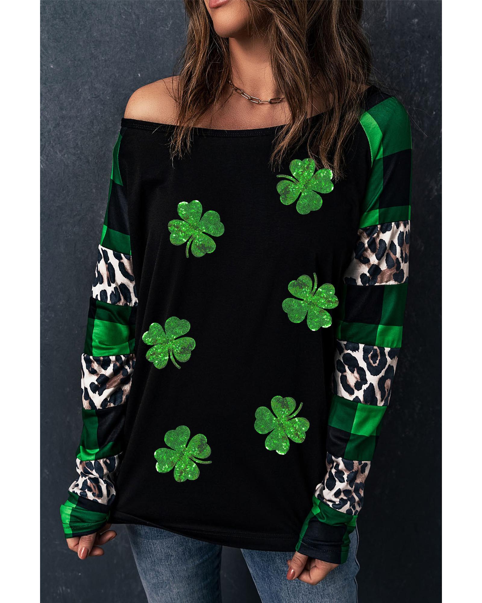 V539-AZEXDC25127278-9-L-202508272135-00 Green Sequin Clover Patch Graphic Plaid&Leopard Sleeve Top - L - Image 1