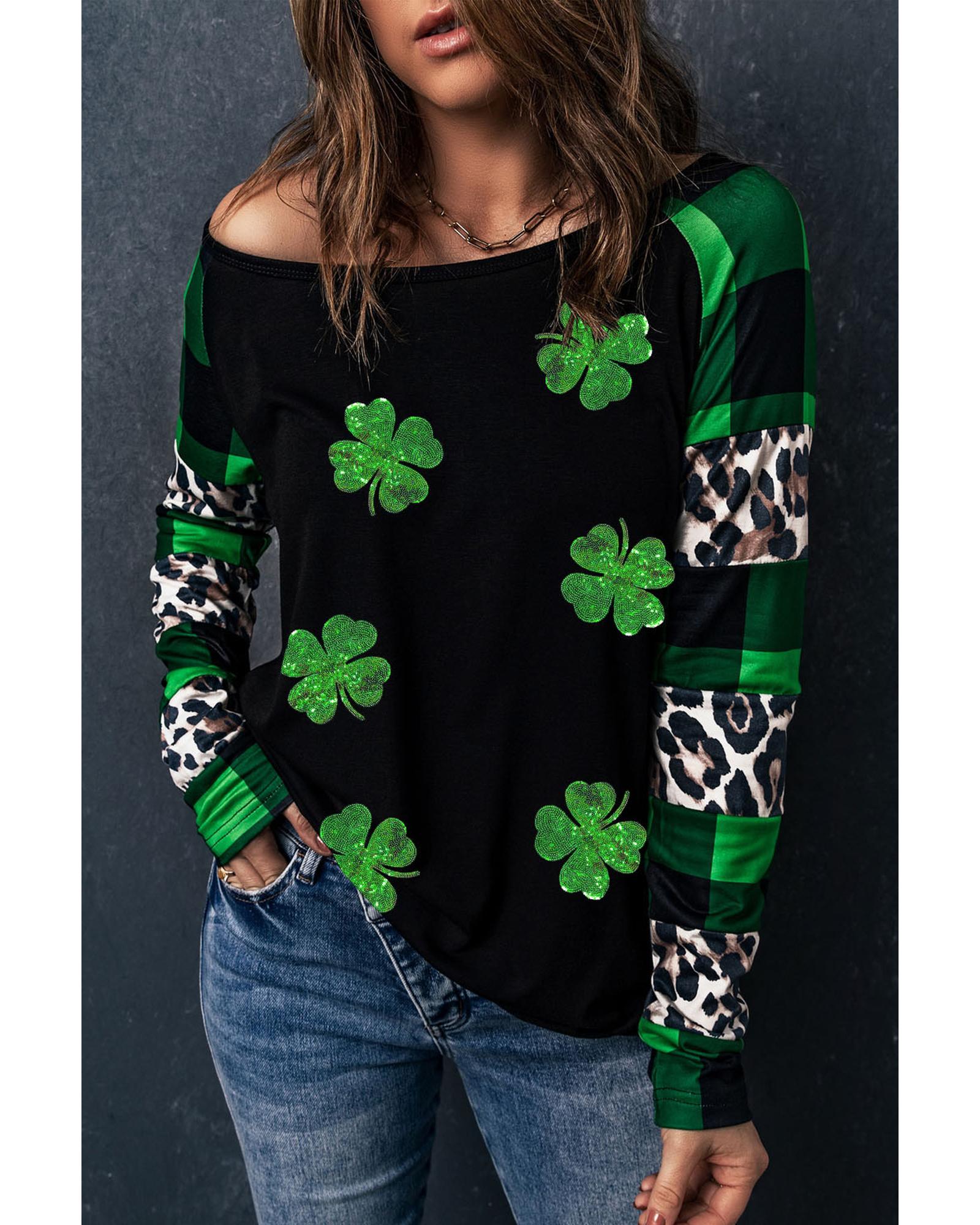 V539-AZEXDC25127278-9-S-202506120416-00 Green Sequin Clover Patch Graphic Plaid&Leopard Sleeve Top - S - Image 1