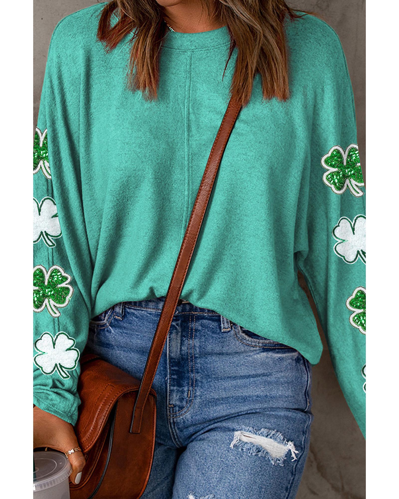 V539-AZEXDC25127279-9-XL-202508270420-00 Green Sequined St Patrick Clover Patched Long Sleeve Top - XL - Image 1