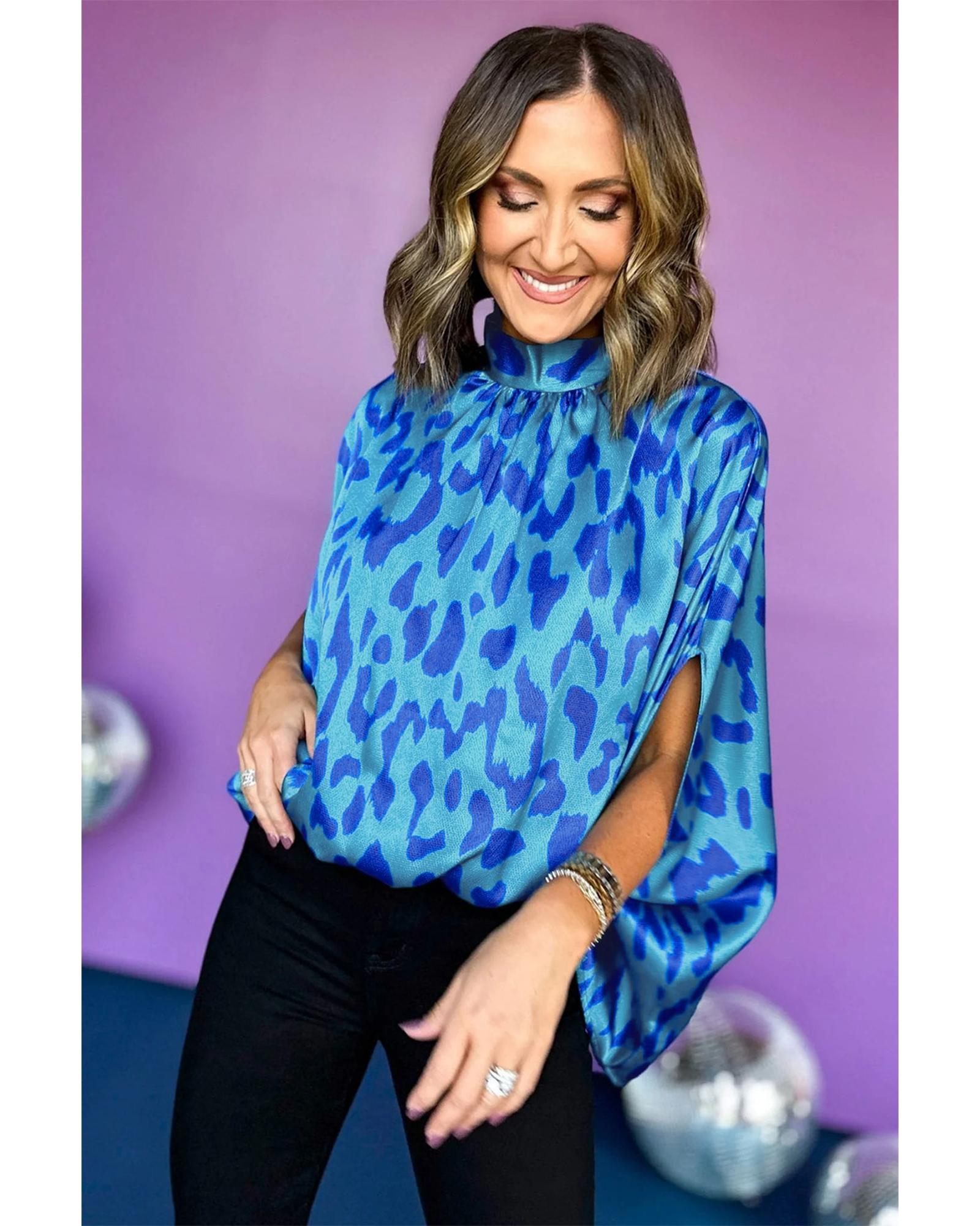 V539-AZEXDC25127404-P520-M-202508271055-02 Blue Animal Printed Mock Neck Detail Caftan Top - M - Image 3