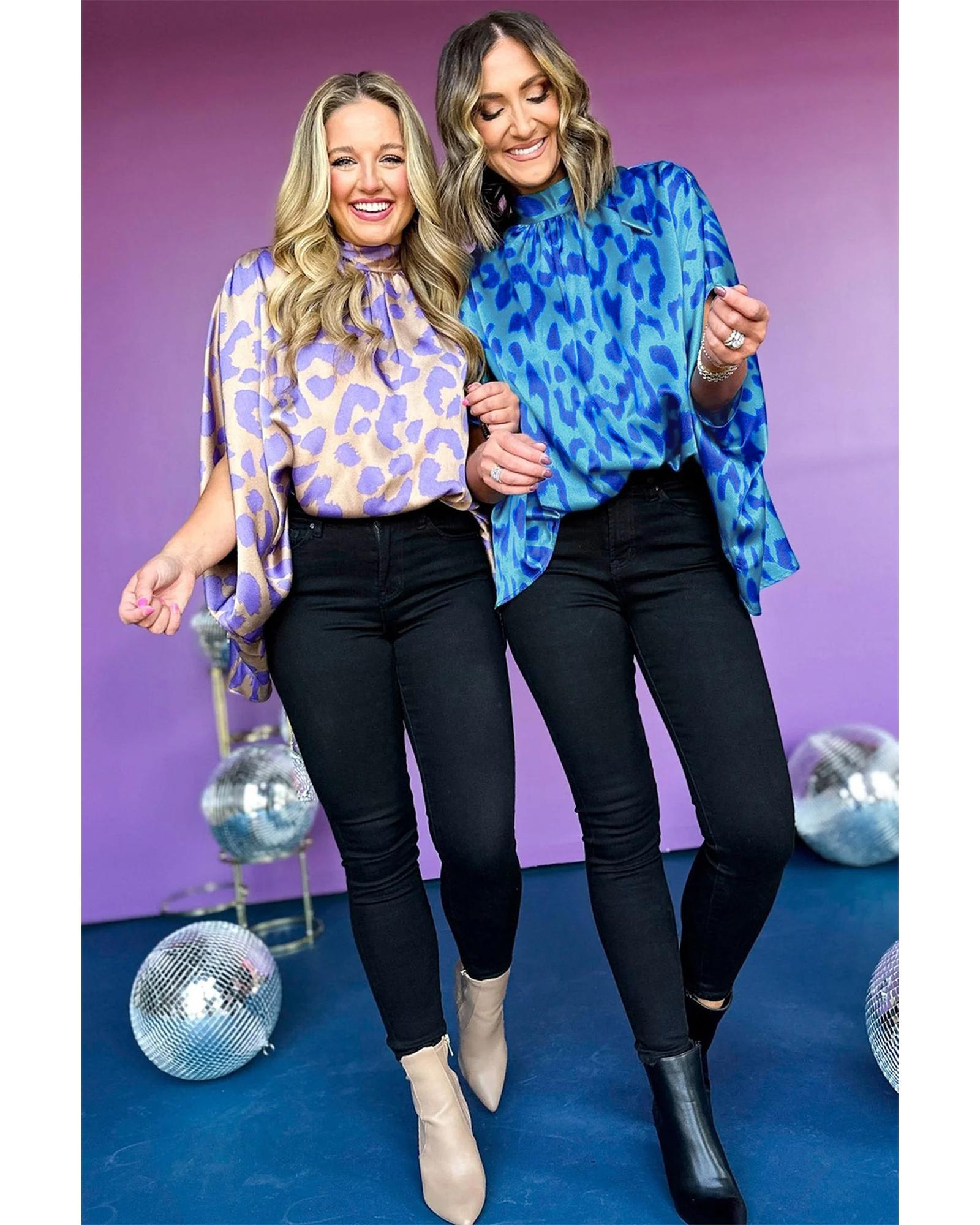 V539-AZEXDC25127404-P520-M-202508271055-04 Blue Animal Printed Mock Neck Detail Caftan Top - M - Image 5