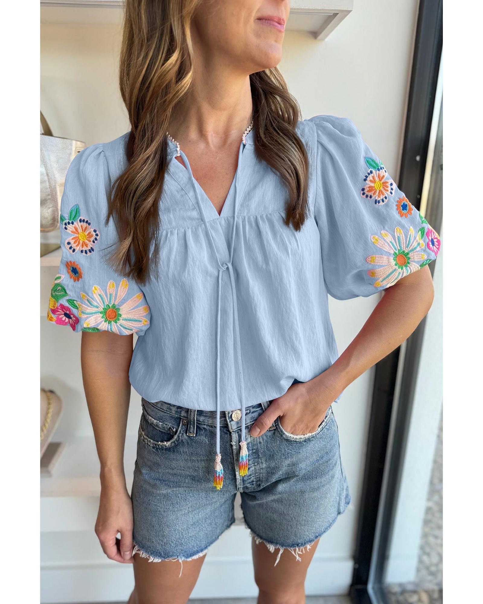 Beau Blue Floral Embroidered Puff Sleeve Split Neck Blouse - M