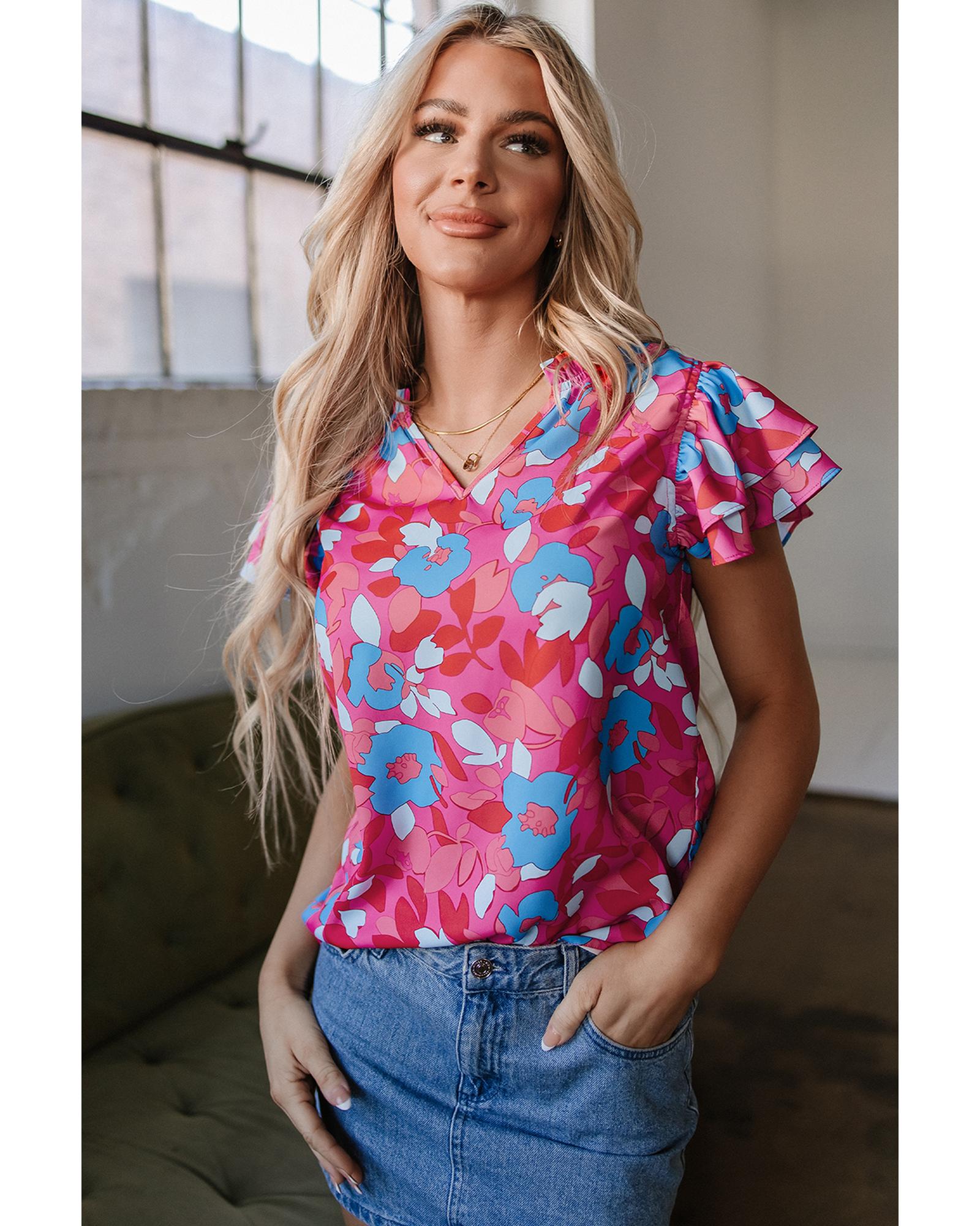 V539-AZEXDC25127523-P622-M-202508271830-00 Rose Red Ruffled Sleeve Floral Blouse - M - Image 1