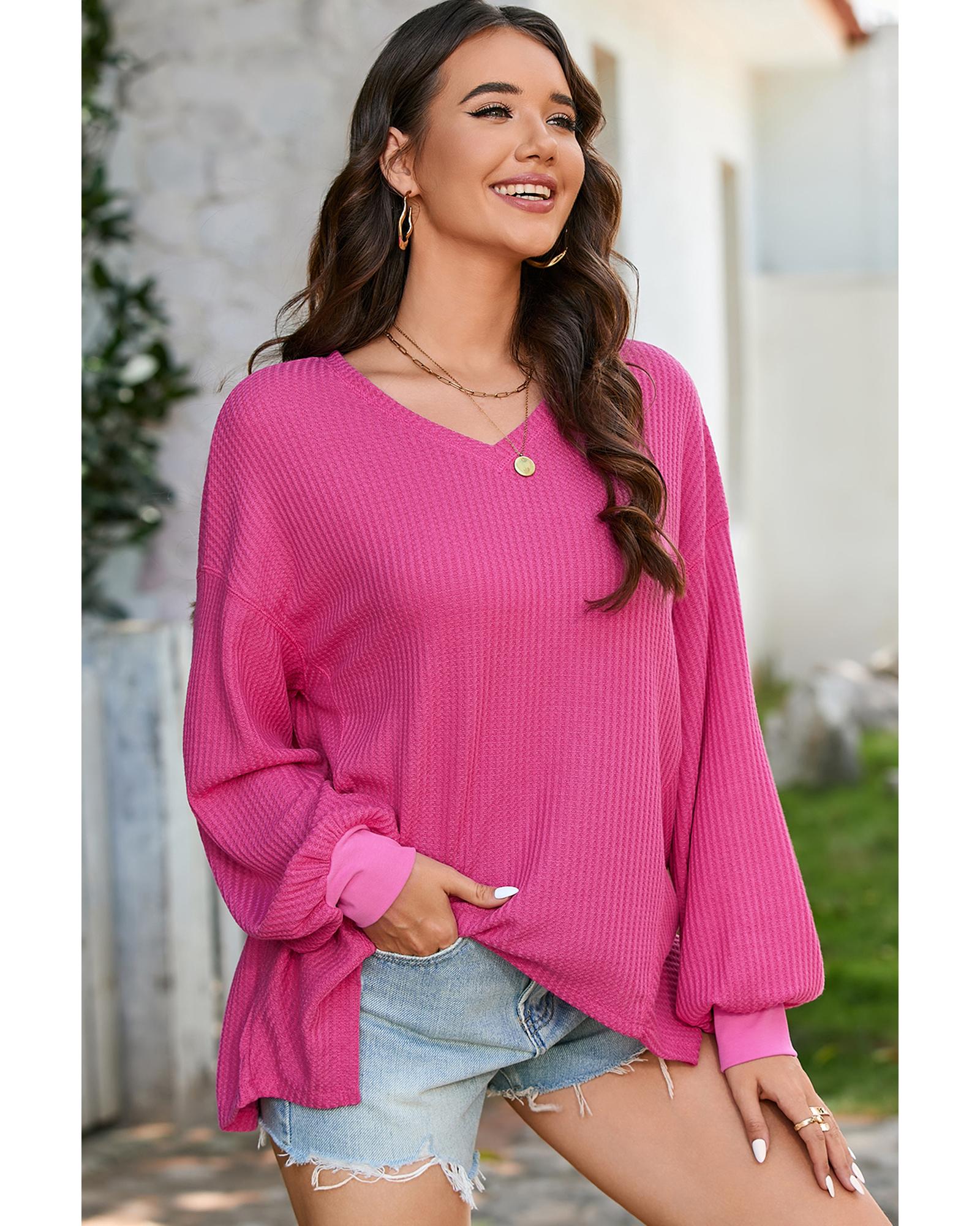 V539-AZEXDC25127934-P106-XL-202508270955-00 Bright Pink Waffle V Neck Long Sleeve Drop Shoulder Loose Blouse - XL - Image 1