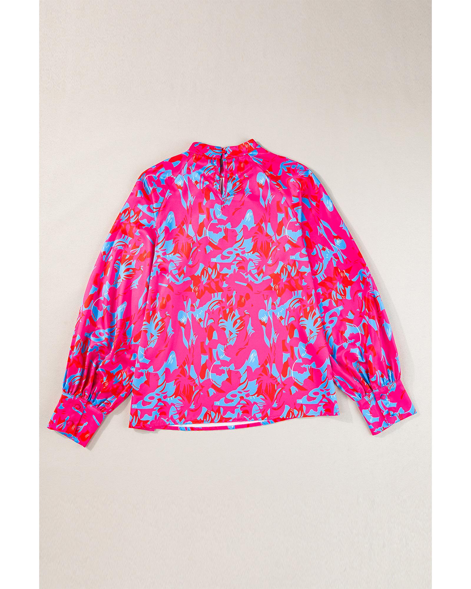 V539-AZEXDC25128128-P820-M-202508270730-00 Purple Printed Bubble Sleeve Mock Neck Blouse - M - Image 1