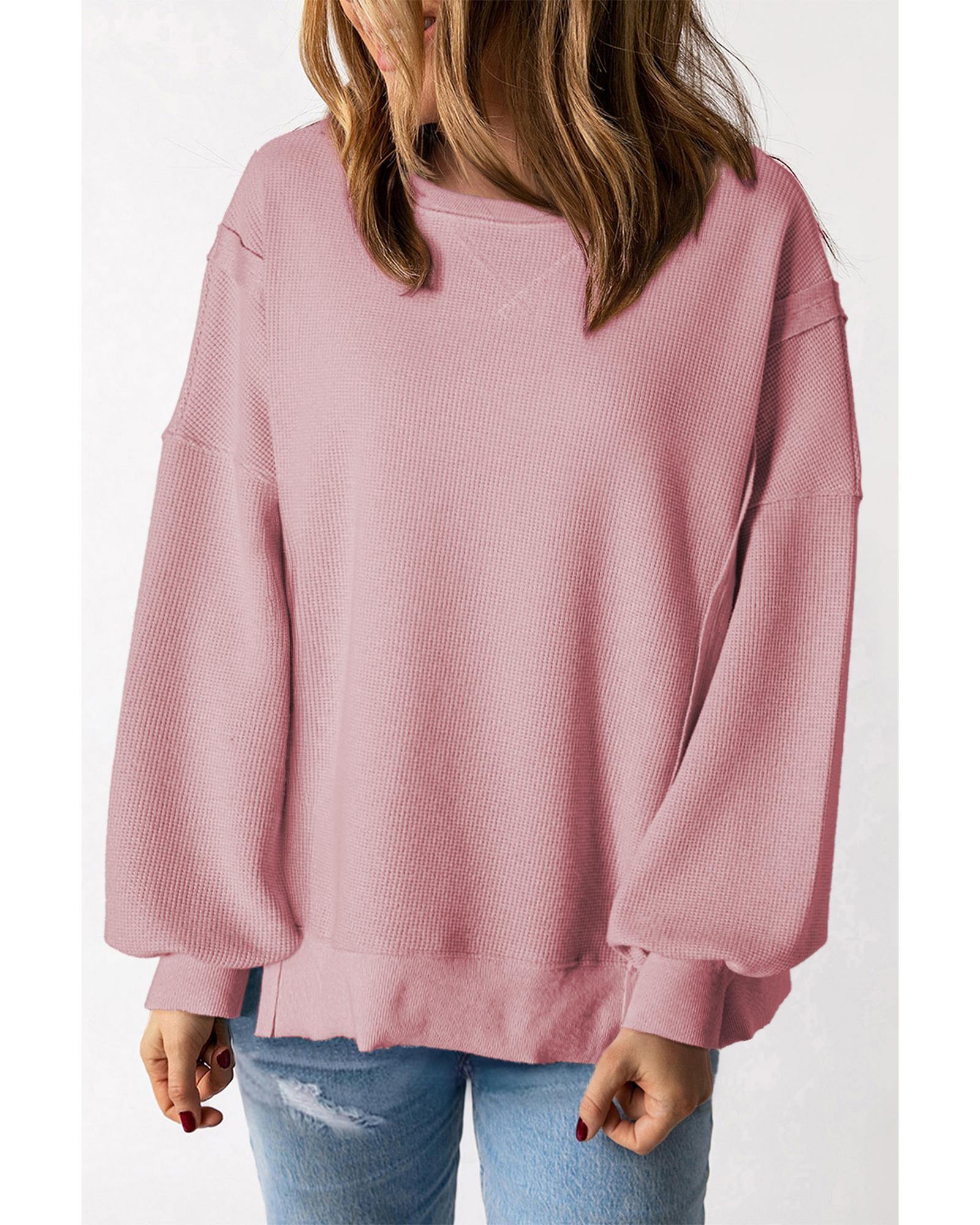 V539-AZEXDC25128307-P10-M-202508271820-00 Pink Waffle Knit Bishop Sleeve Split Oversized Sweatshirt - M - Image 1