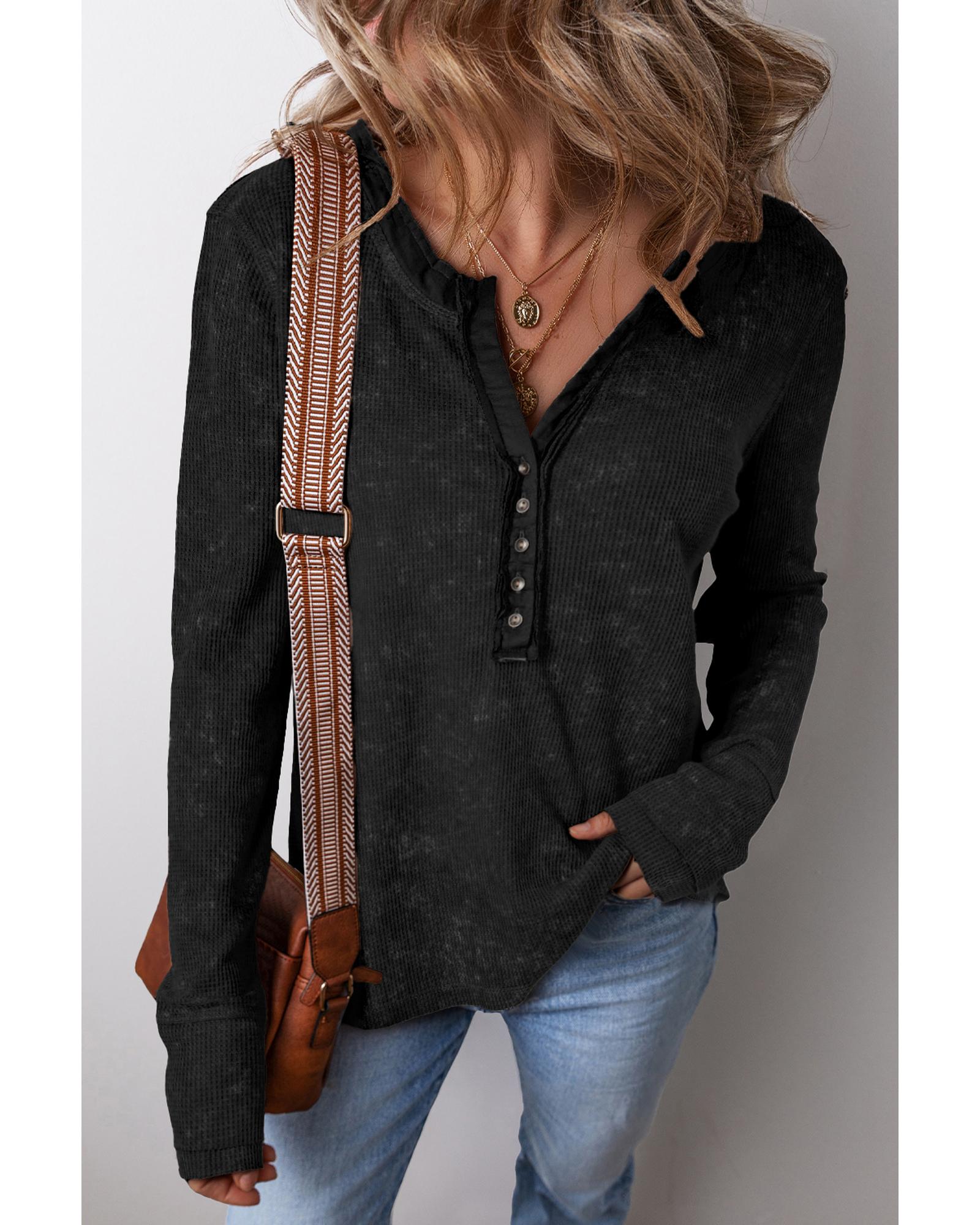 V539-AZEXDC25128480-P2-L-202508271000-00 Black Acid Wash Waffle Knit Buttoned Neckline Long Sleeve Top - L - Image 1
