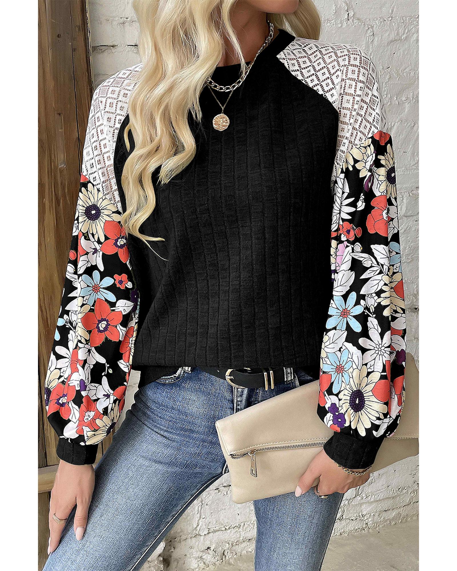 V539-AZEXDC25128503-P2-2XL-202508271230-00 Black Floral Patchwork Long Sleeve Ribbed Blouse - 2XL - Image 1