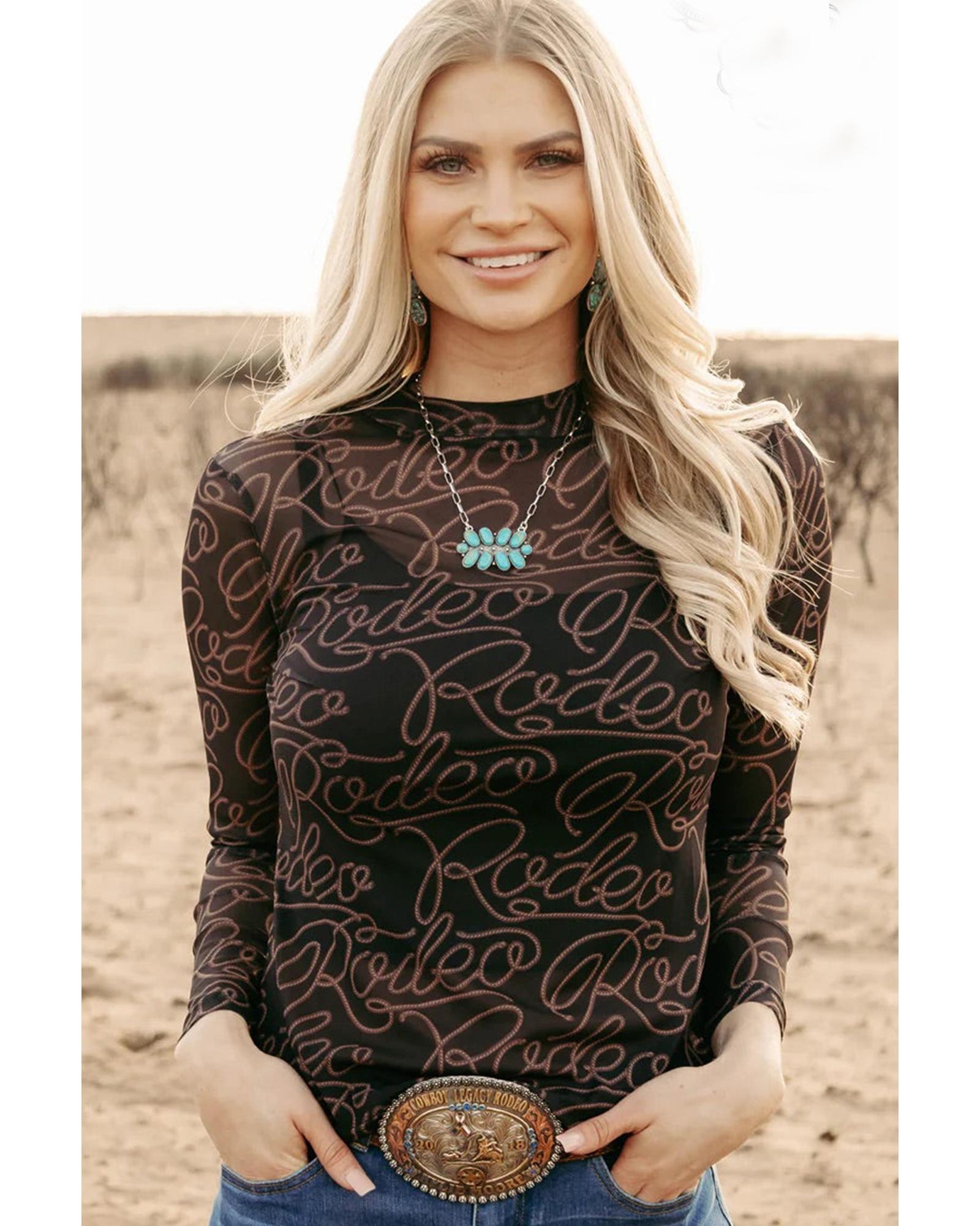 V539-AZEXDC25128842-P220-XL-202508271415-00 Black Western Rodeo Printed Mock Neck Long Sleeve Mesh Top - XL - Image 1