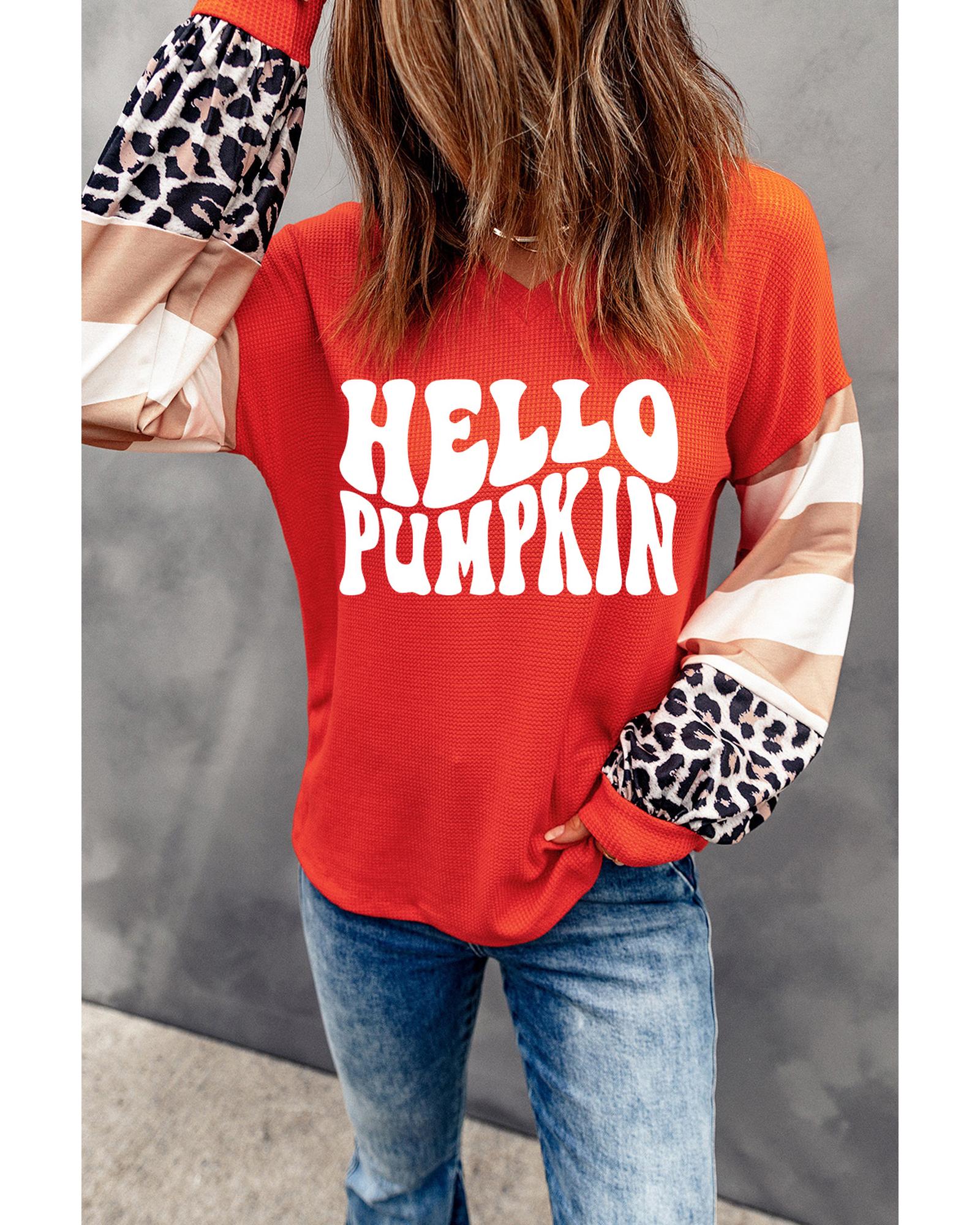 V539-AZEXDC25128865-3-M-202508272235-00 Red Hello Pumpkin Graphic Leopard Striped Colorblock Sleeve V Neck Top - M - Image 1