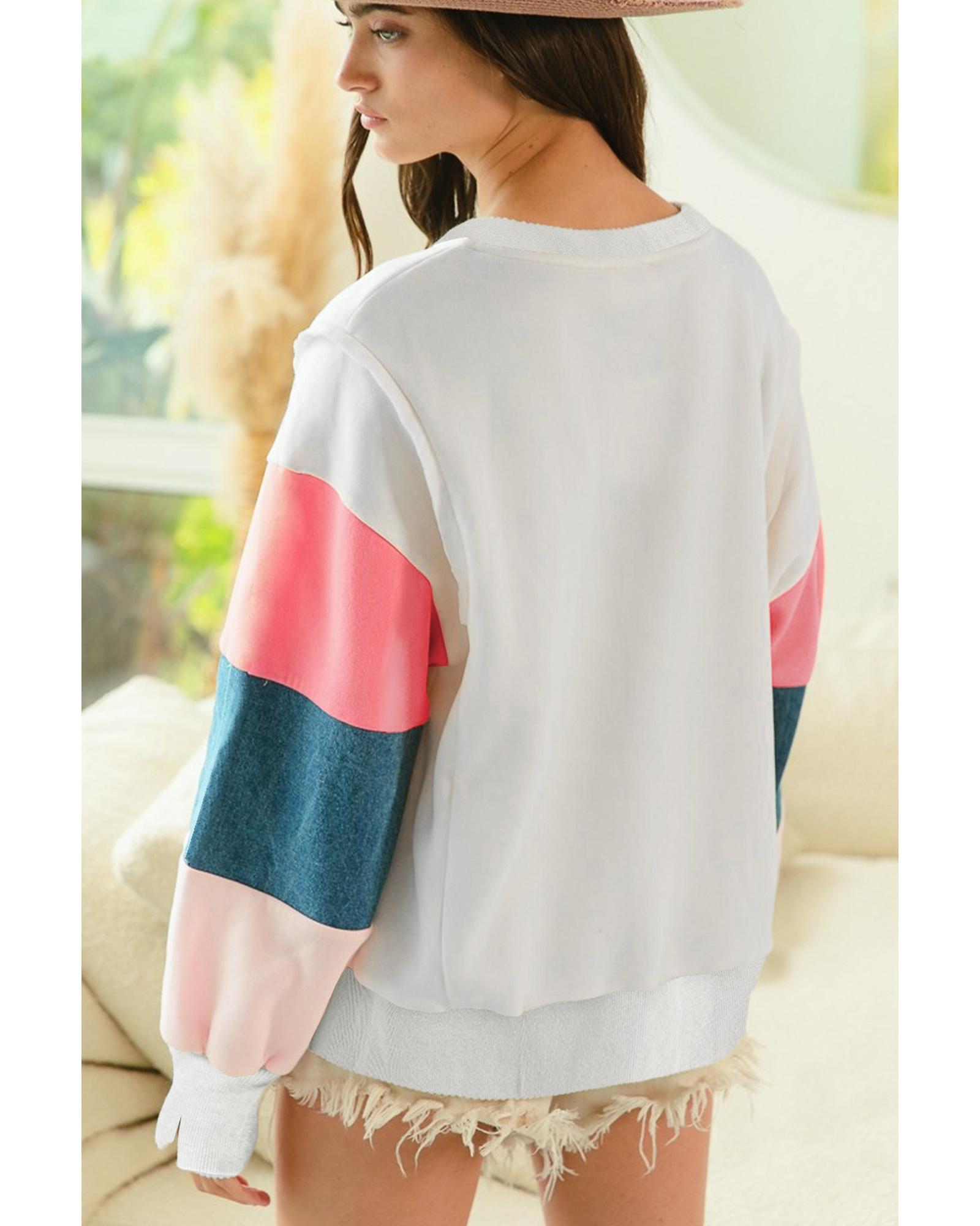 V539-AZEXDC25128947-P101-L-202508271020-00 White French Terry Color Block Long Sleeve Top - L - Image 1