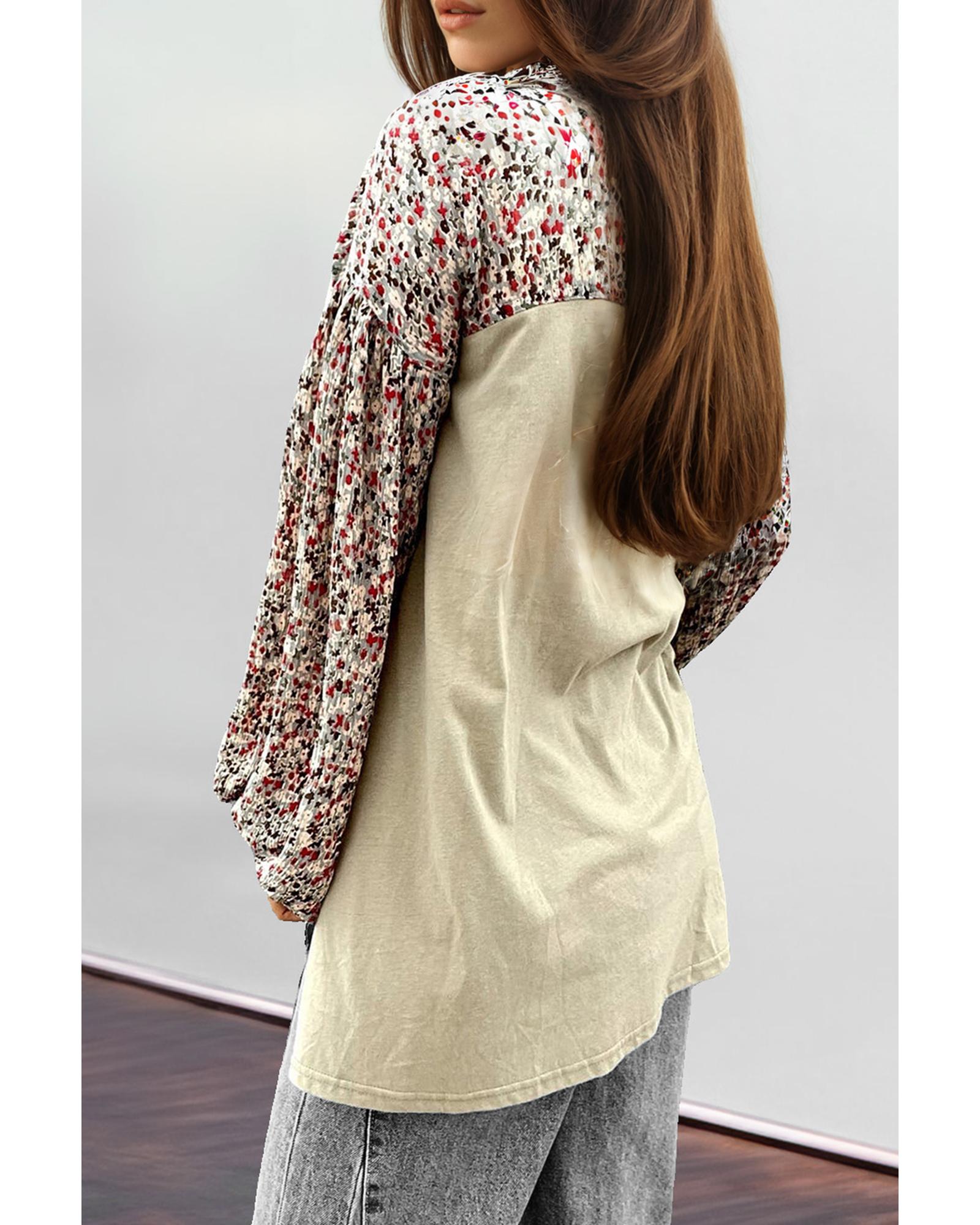 V539-AZEXDC25128973-P2009-M-202508271635-00 Meadow Mist Green Contrast Printed Bubble Sleeve Henley Loose Top with Slits - M - Image 1