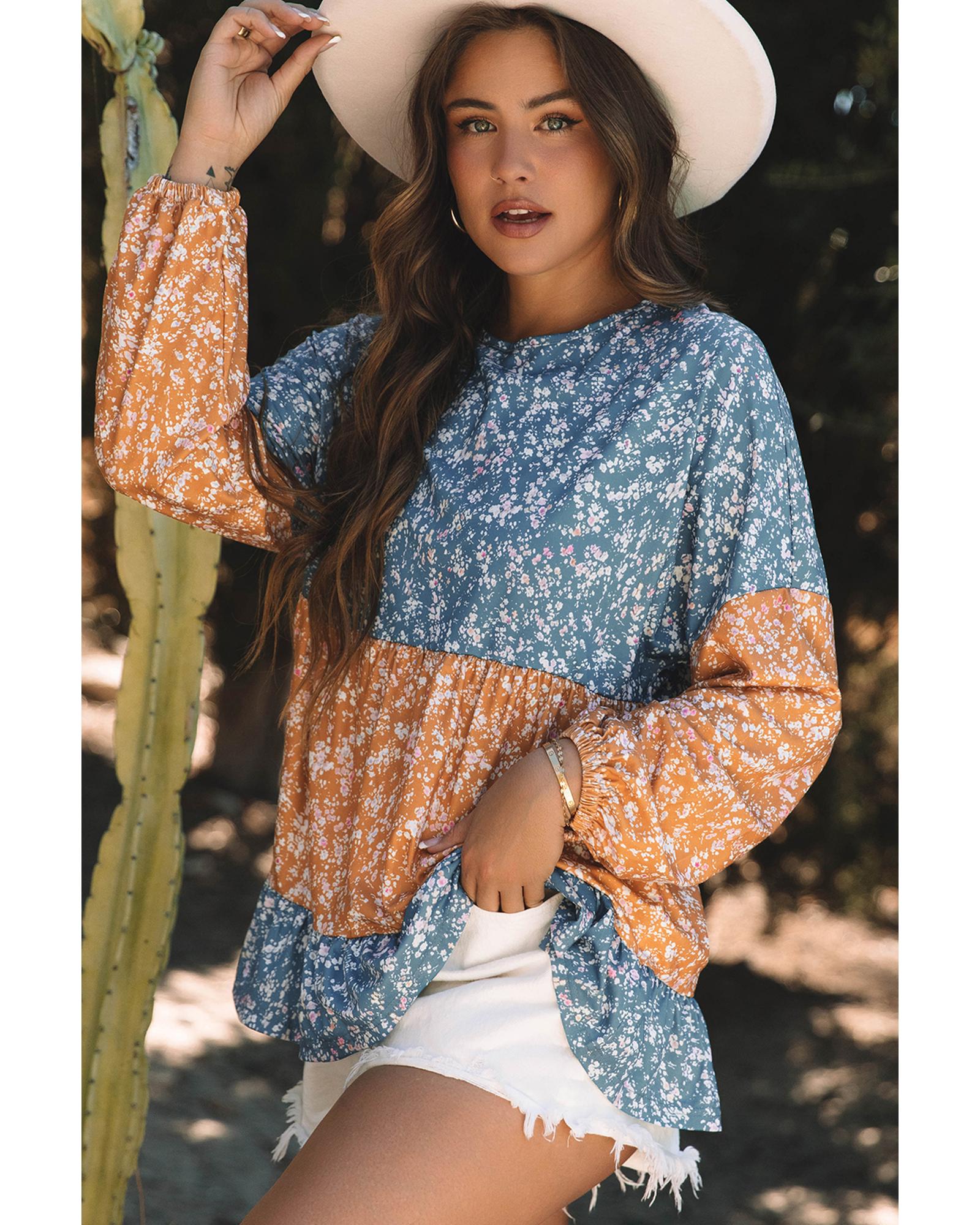 V539-AZEXDC25128989-P1420-L-202508270855-00 Orange Floral Color Block Patchwork Ruffled Hem Round Neck Blouse - L - Image 1