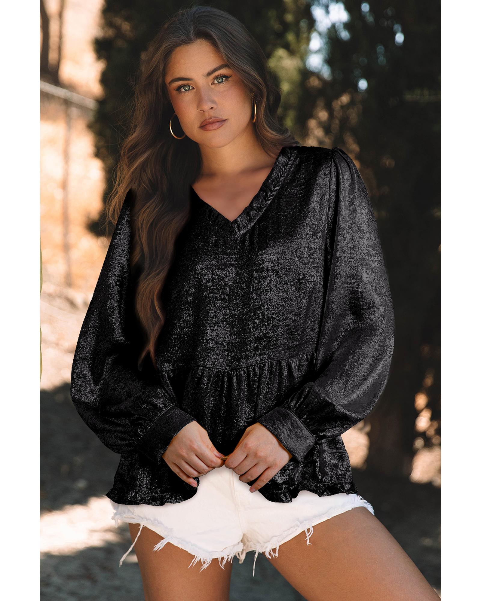 V539-AZEXDC25129163-P2-M-202508270820-00 Black Metallic Frilled V Neck Puff Sleeve Babydoll Blouse - M - Image 1