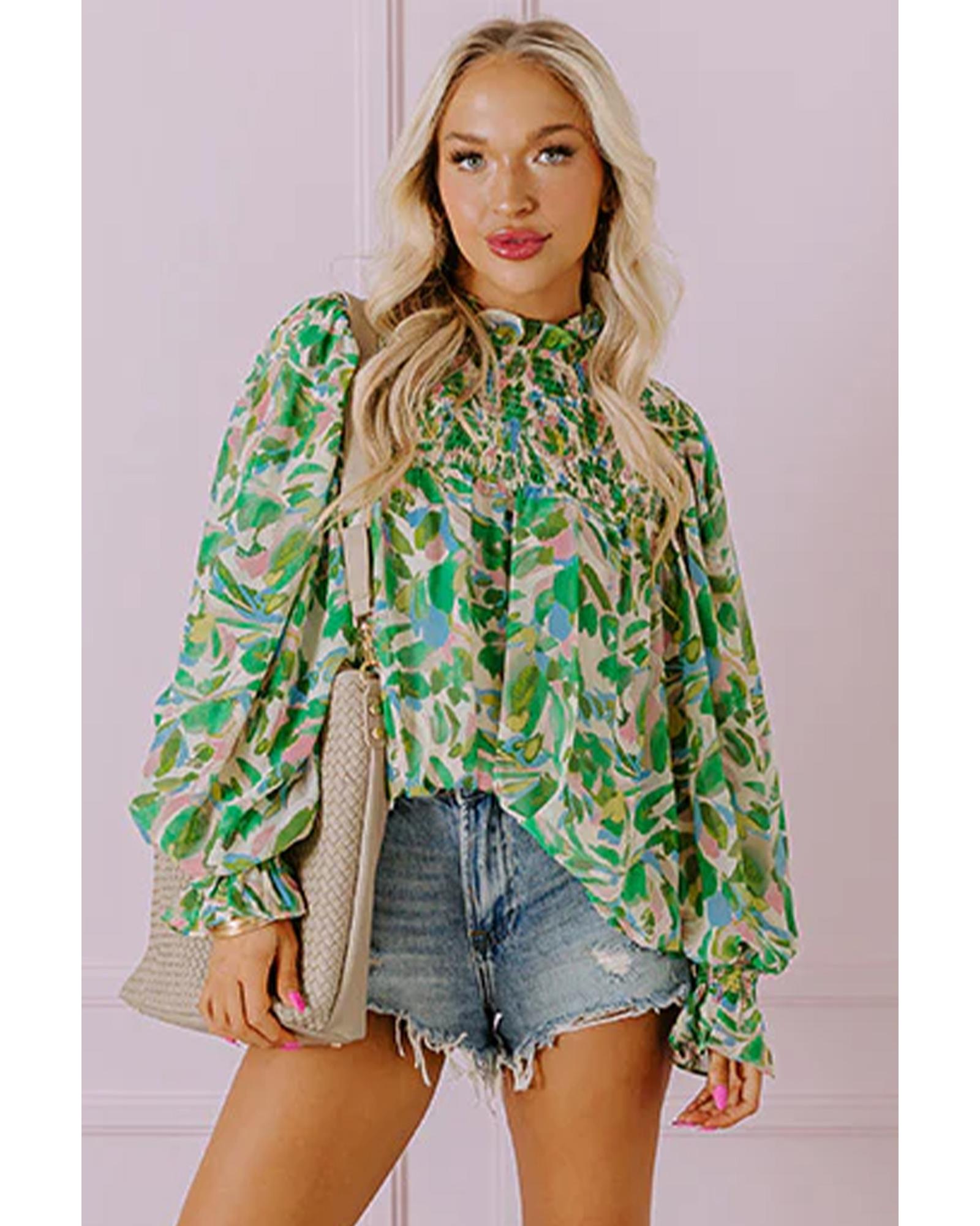 V539-AZEXDC25129181-P920-XL-202508271155-00 Green Leafy Printed Flounce Sleeve Shirred Mock Neck Blouse - XL - Image 1
