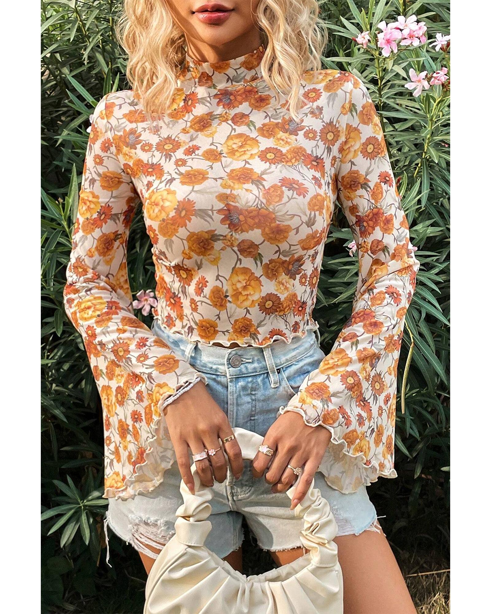 V539-AZEXDC25129230-P1420-S-202506120741-00 Orange Floral Printed Bell Sleeve Mock Neck Scallop Trim Blouse - S - Image 1