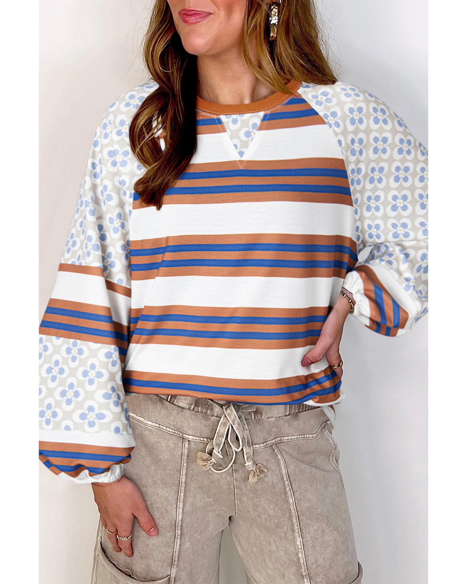 V539-AZEXDC25129235-P122-XL-202508272140-00 White Striped Floral Printed Patchwork Lantern Sleeve Blouse - XL - Image 1