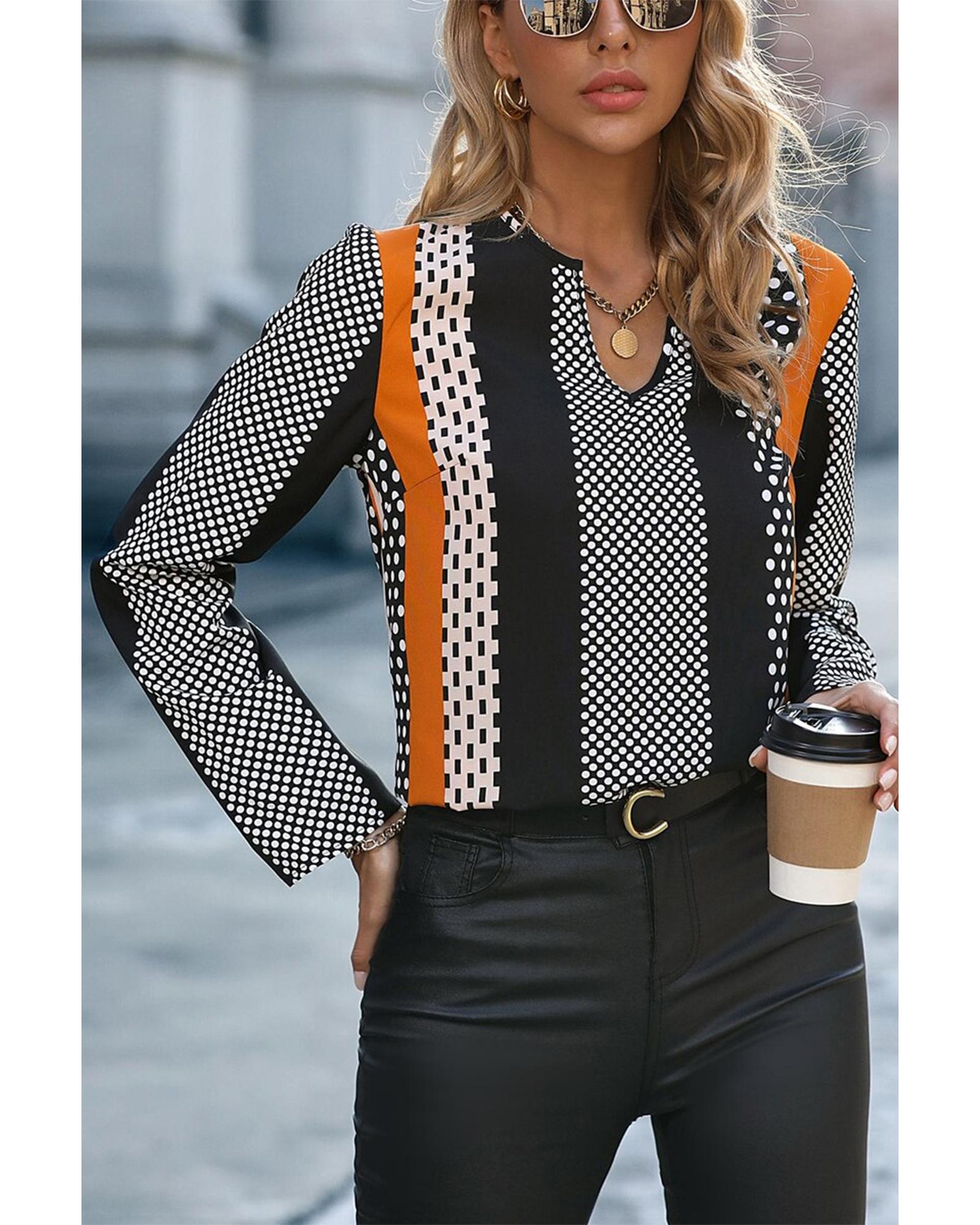 V539-AZEXDC25129283-P1422-S-202506120822-00 Orange Geo Print Colorblock Notched V Neck Blouse - S - Image 1
