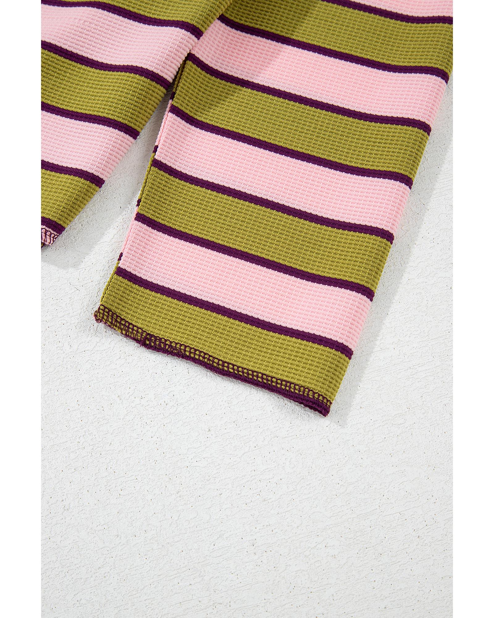 V539-AZEXDC25129478-P709-XL-202508270200-00 Spinach Green Clashing Stripes Waffle Texture Notched Neck Long Sleeve Top - XL - Image 1