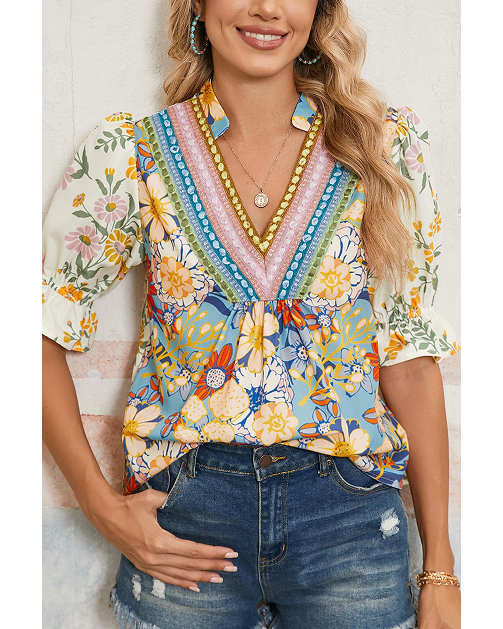 V539-AZEXDC25129482-P22-XL-202508270730-00 Multicolour Crochet V Neck Half Sleeve Boho Floral Blouse - XL - Image 1