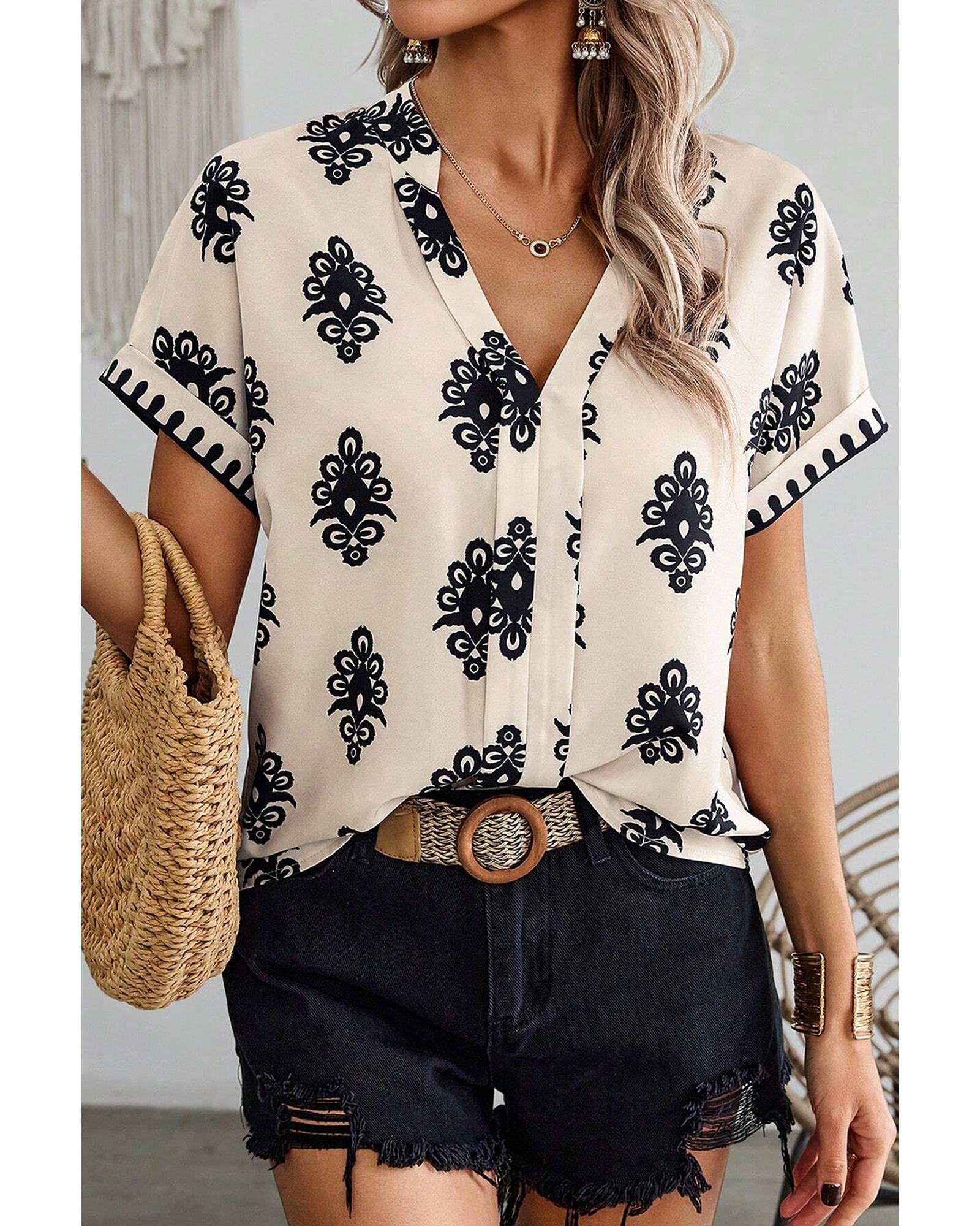 V539-AZEXDC25129674-P220-S-202508270830-00 Black Geometric Print Short Sleeve V Neck Blouse - S - Image 1