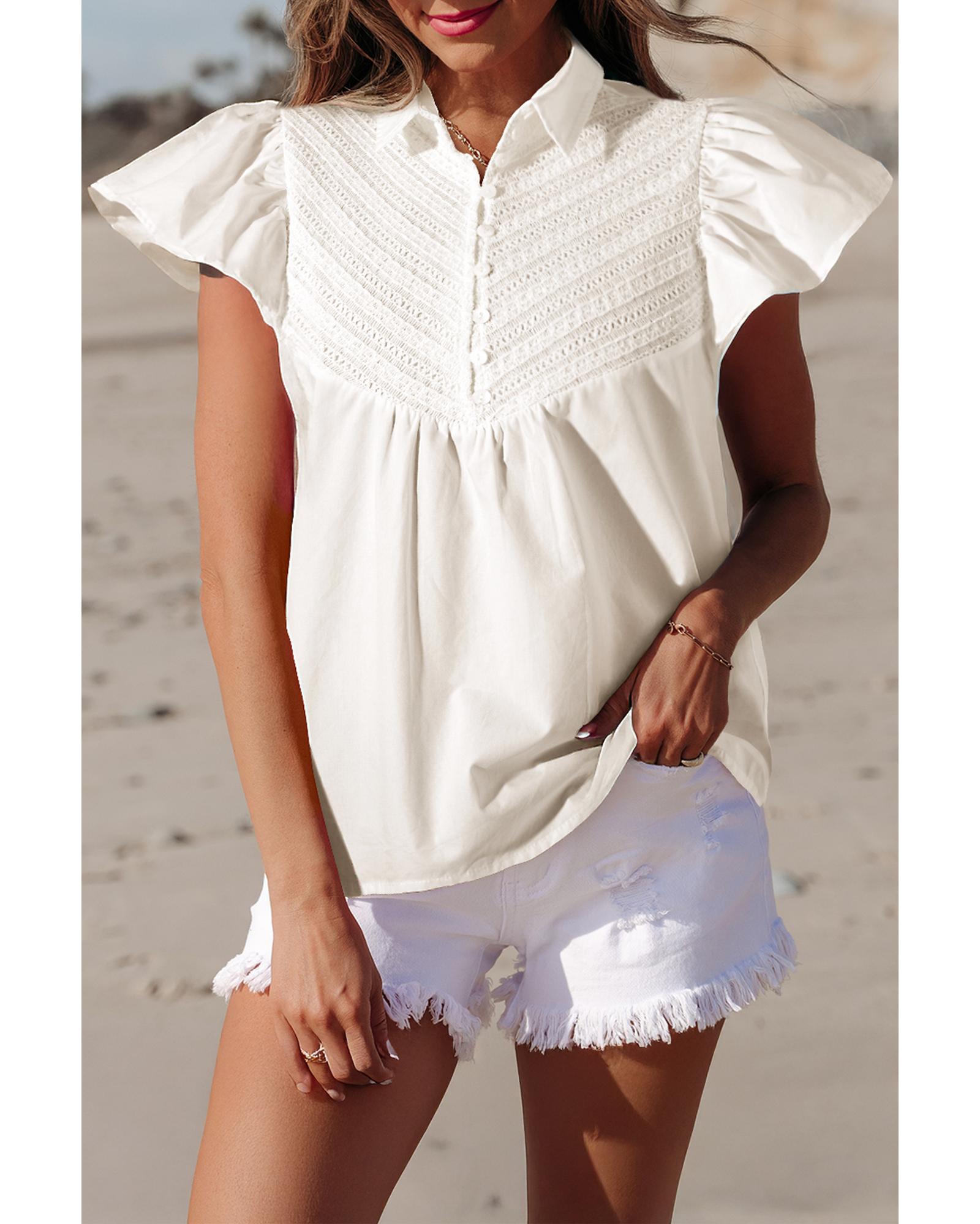 V539-AZEXDC25129680-P1-M-202508271850-00 White Half Button Lace Patchwork Flutter Sleeve Blouse - M - Image 1