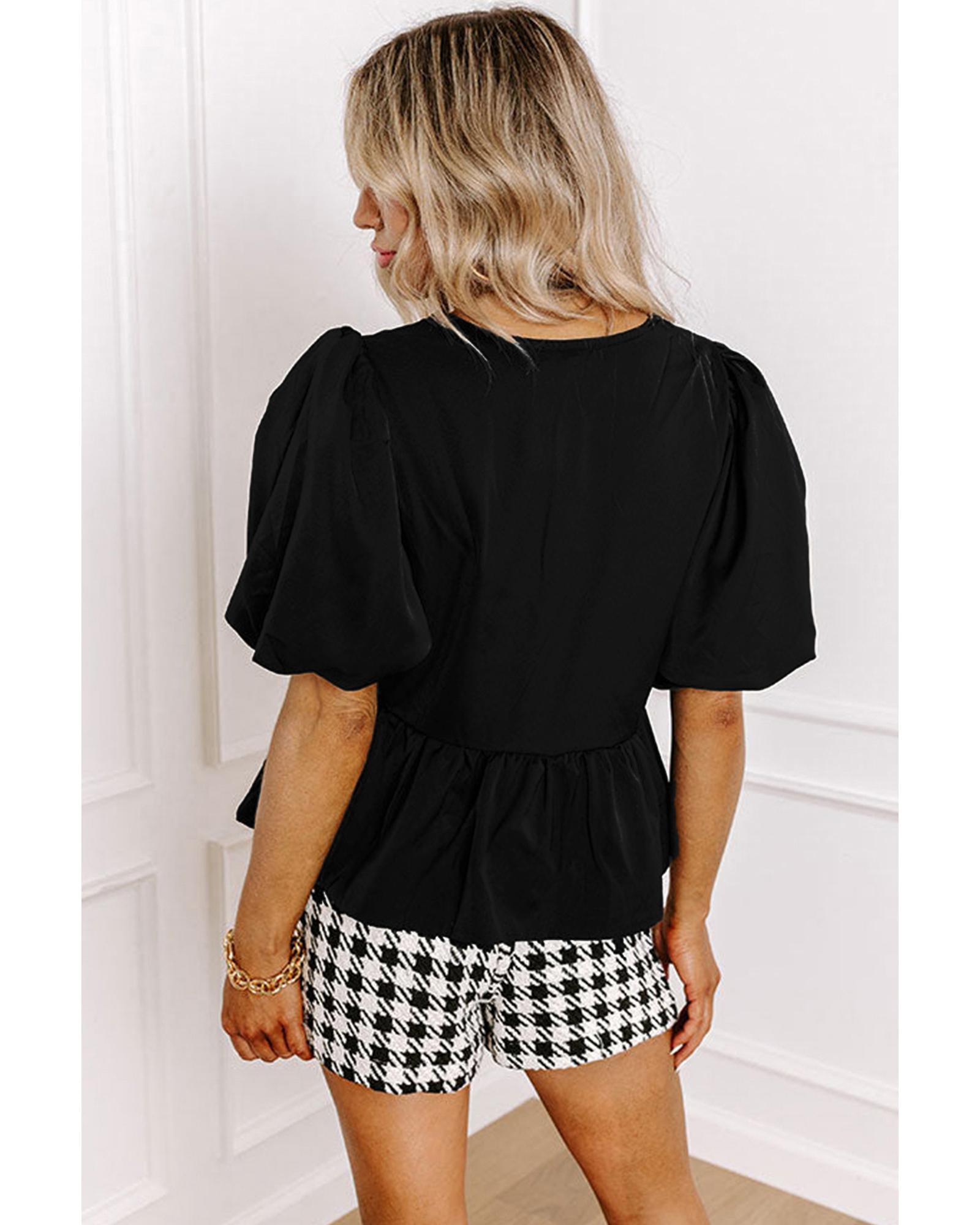 V539-AZEXDC25129788-P2-M-202508272305-00 Black Puff Sleeve Bowknot Front Peplum Blouse - M - Image 1