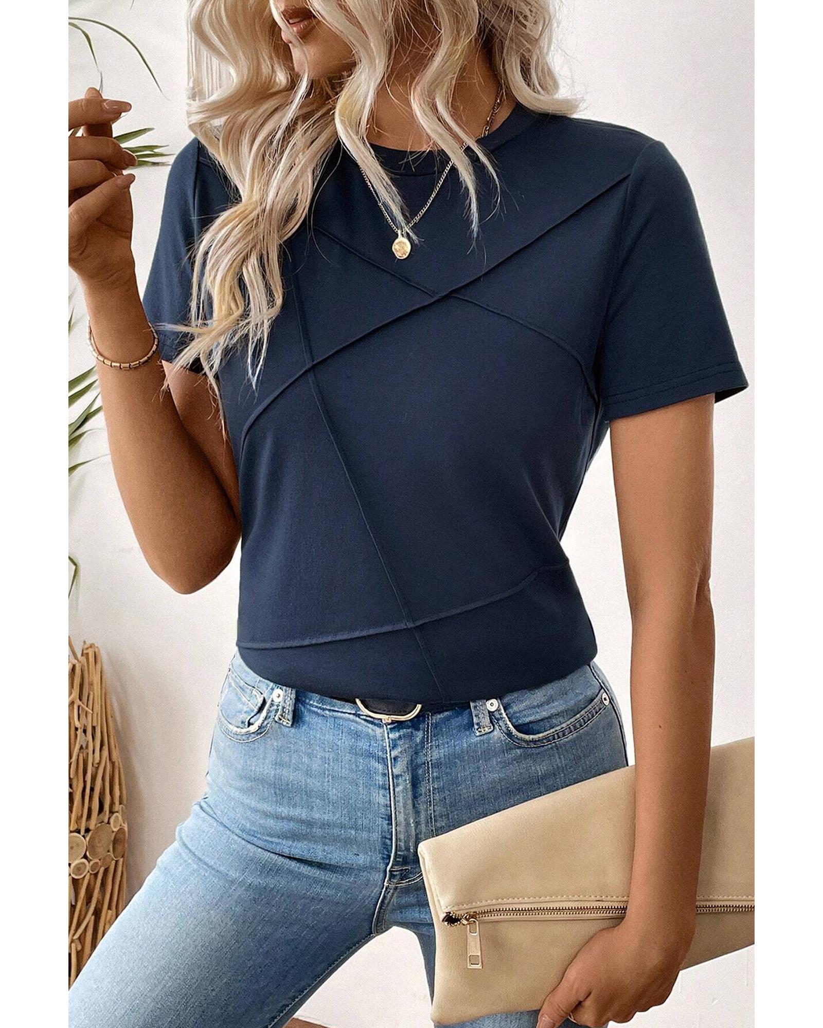 V539-AZEXDC25129870-P1005-2XL-202508270340-00 Dirty blue Solid Color Toothpick Stripe Round Neck T Shirt - 2XL - Image 1