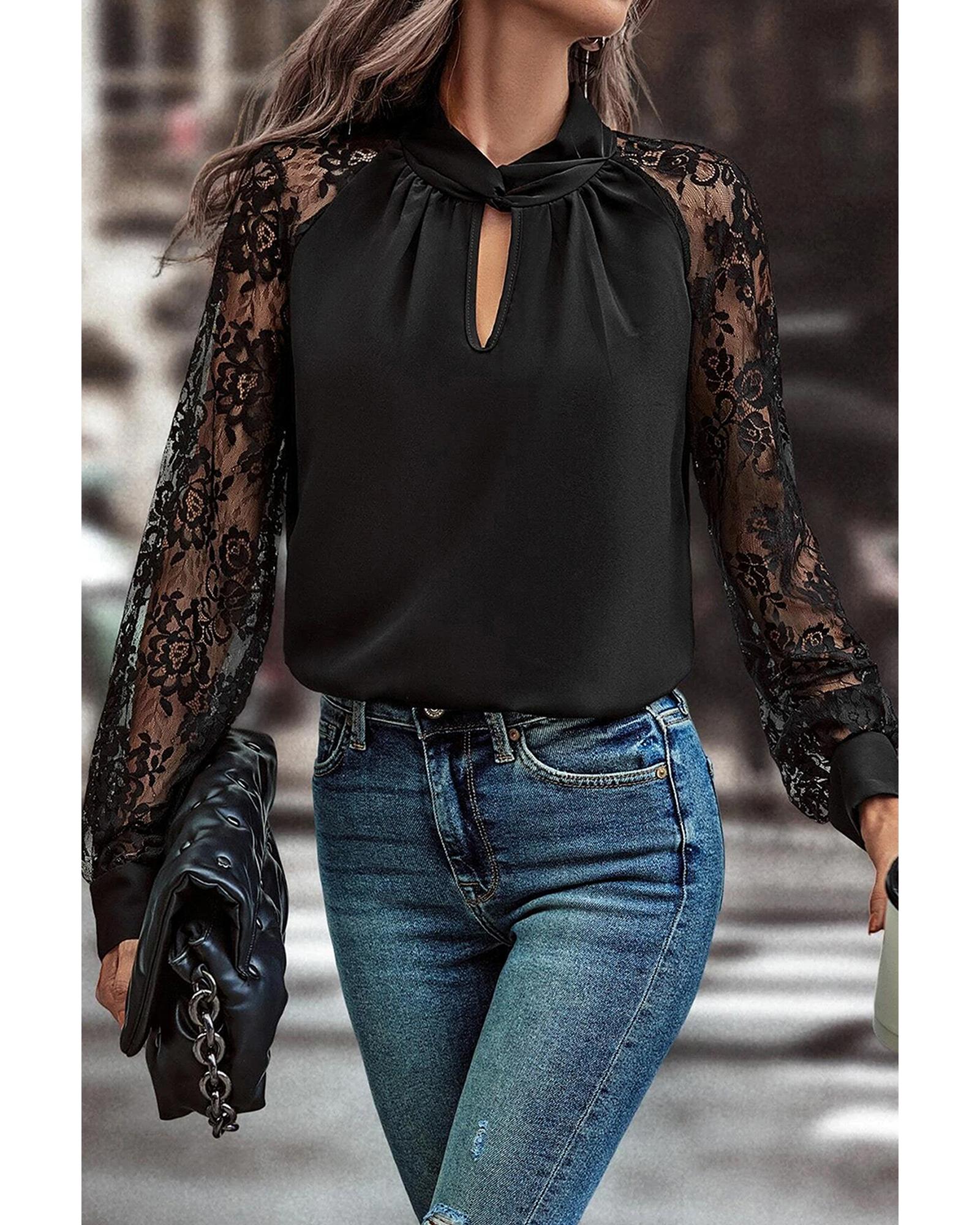 V539-AZEXDC25129886-P2-S-202506120621-00 Black Keyhole Neckline Floral Lace Raglan Sleeve Blouse - S - Image 1
