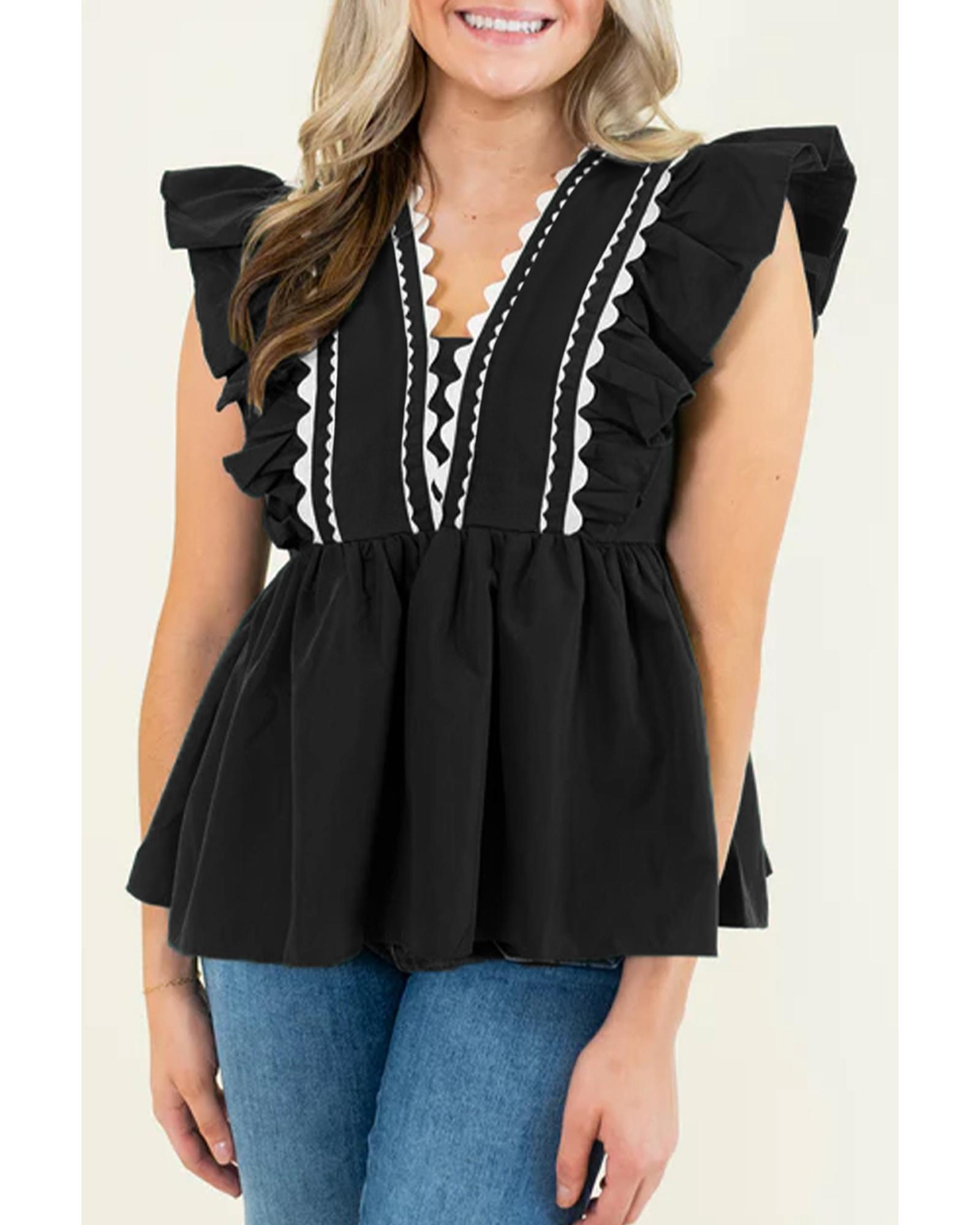 V539-AZEXDC25129969-P2-L-202508271735-00 Black Contrast Ricrac Trim Ruffled V Neck Peplum Top - L - Image 1
