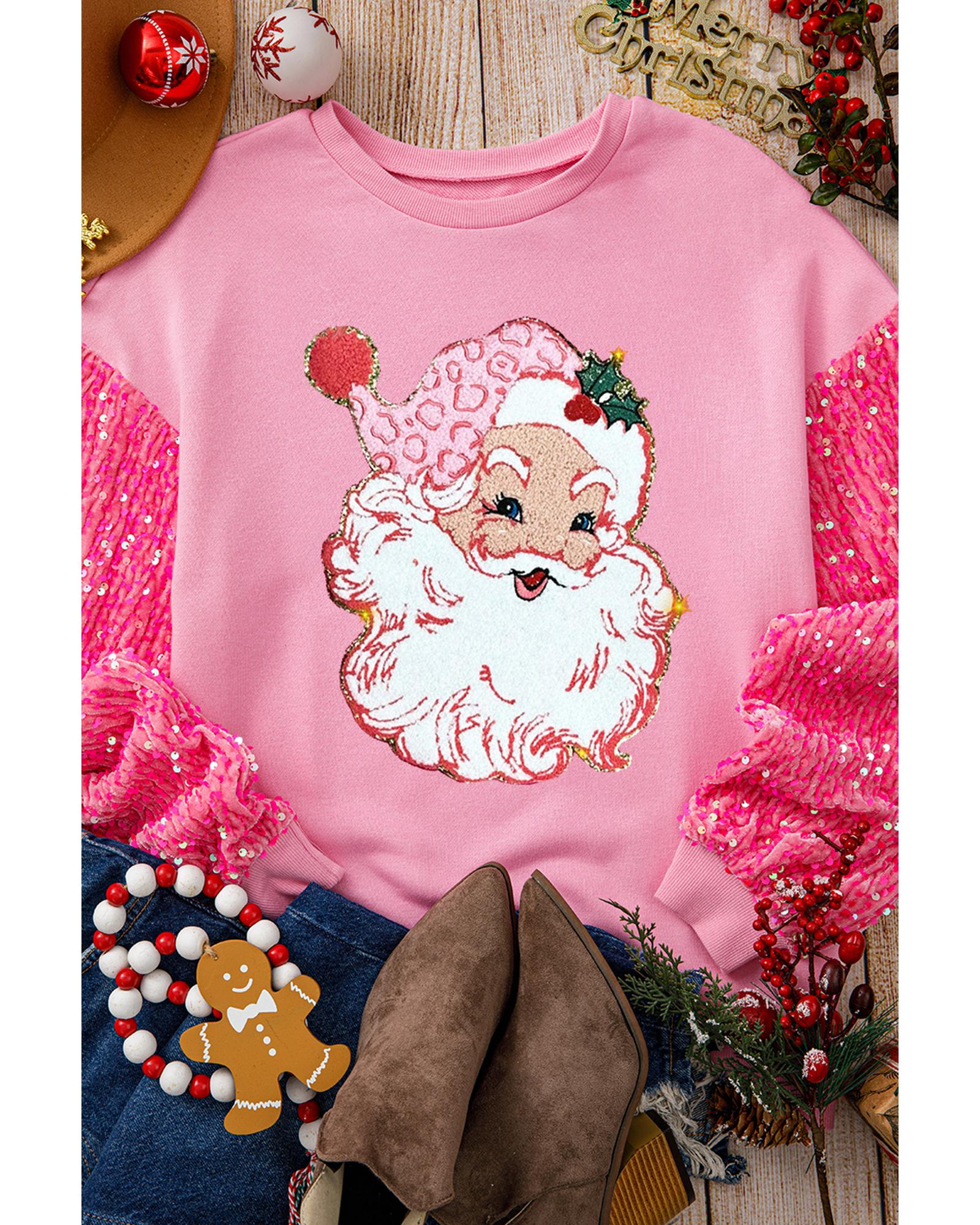 V539-AZEXDC25130202-P10-M-202508270815-00 Pink Shiny Father Christmas Graphic Sequin Long Sleeve Top - M - Image 1