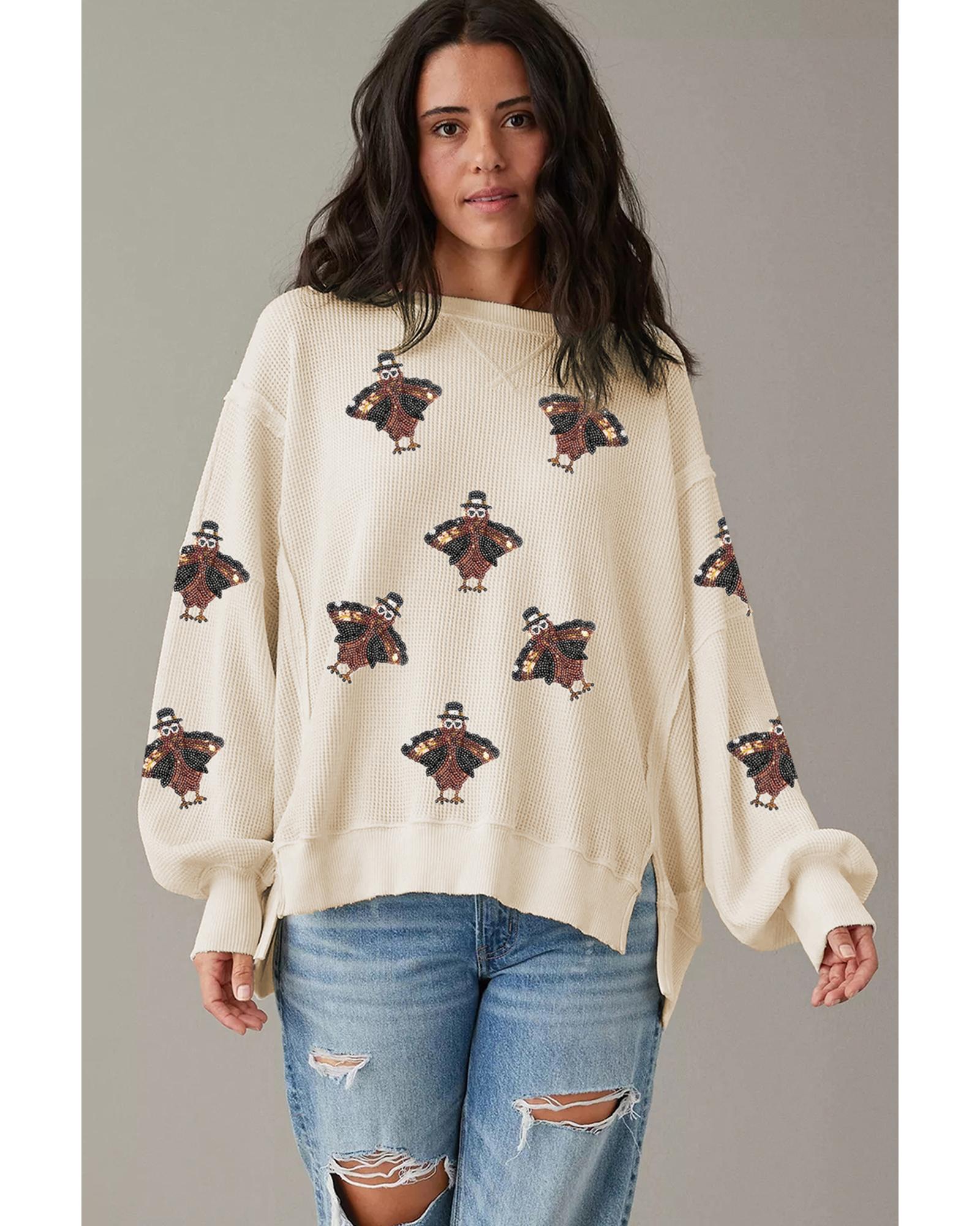 V539-AZEXDC25130282-P1-XL-202508271040-00 White Thanksgiving Turkey Waffle Oversized Knit Top - XL - Image 1