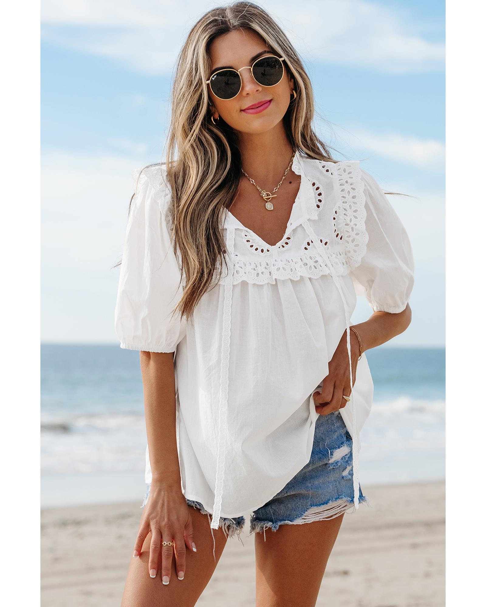 V539-AZEXDC25130292-P1-L-202508272230-00 White Embroidered Lace Patchwork Tie Neck Puff Short Sleeve Blouse - L - Image 1