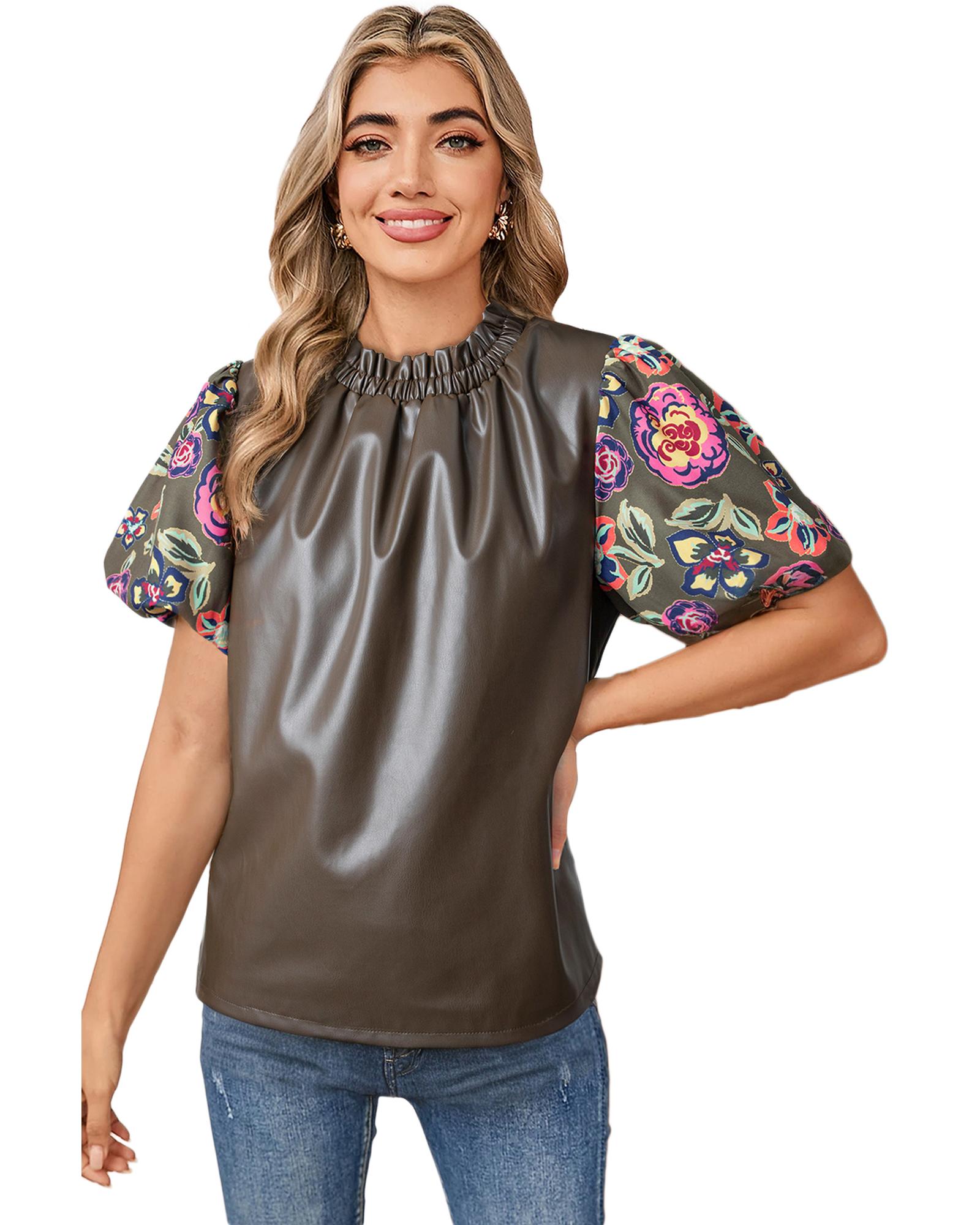 V539-AZEXDC25130409-P2909-S-202506121321-00 Four Leaf Clover Floral Bubble Sleeve Patchwork Leatherette Frilled Round Neck Blouse - S - Image 1