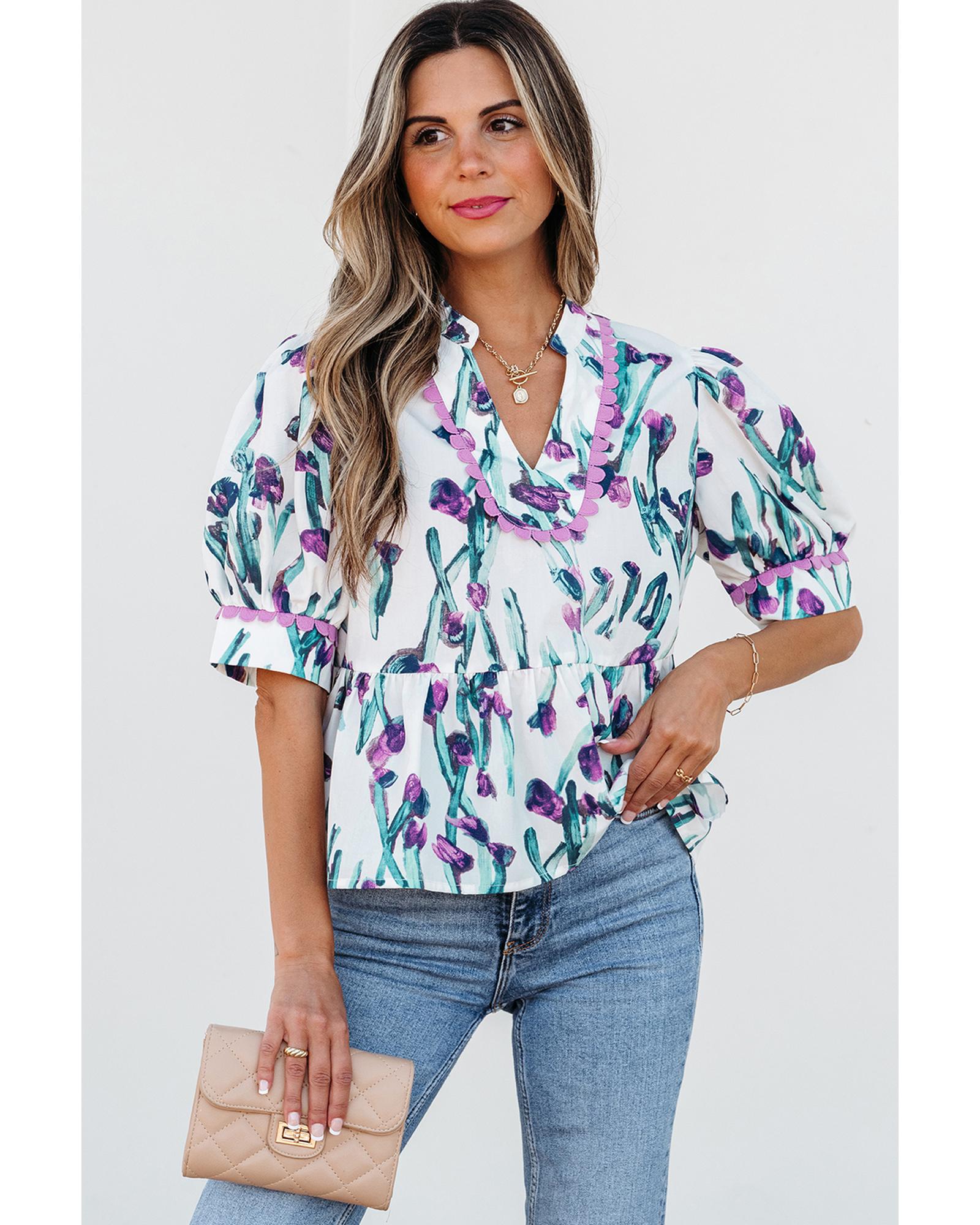 V539-AZEXDC25130443-P820-S-202508272235-00 Purple Floral Ricrac Trim Half Sleeve Peplum Top - S - Image 1