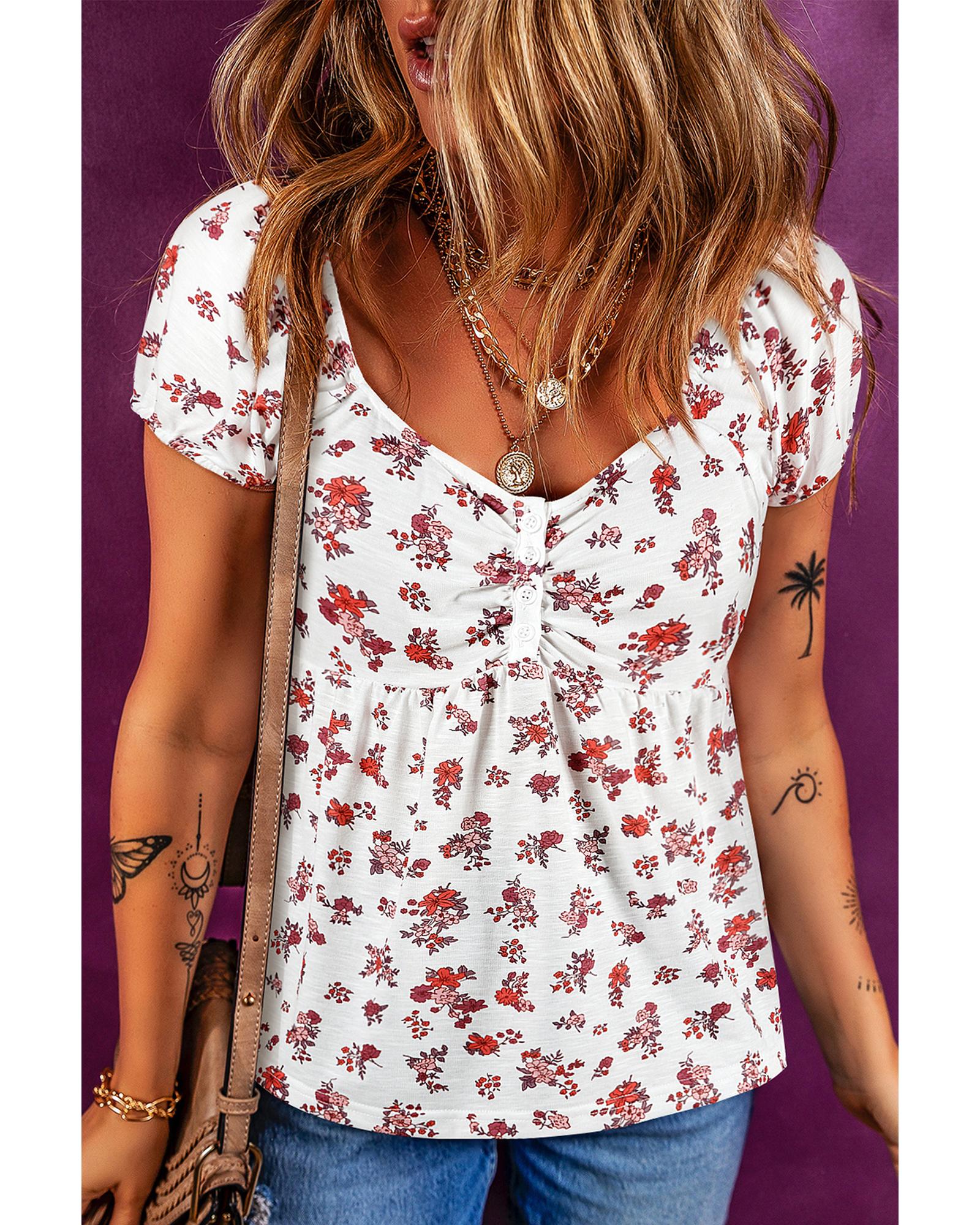 V539-AZEXDC25130455-P120-XL-202508270245-00 White Boho Floral Ruched Cinched Short Sleeve Blouse - XL - Image 1
