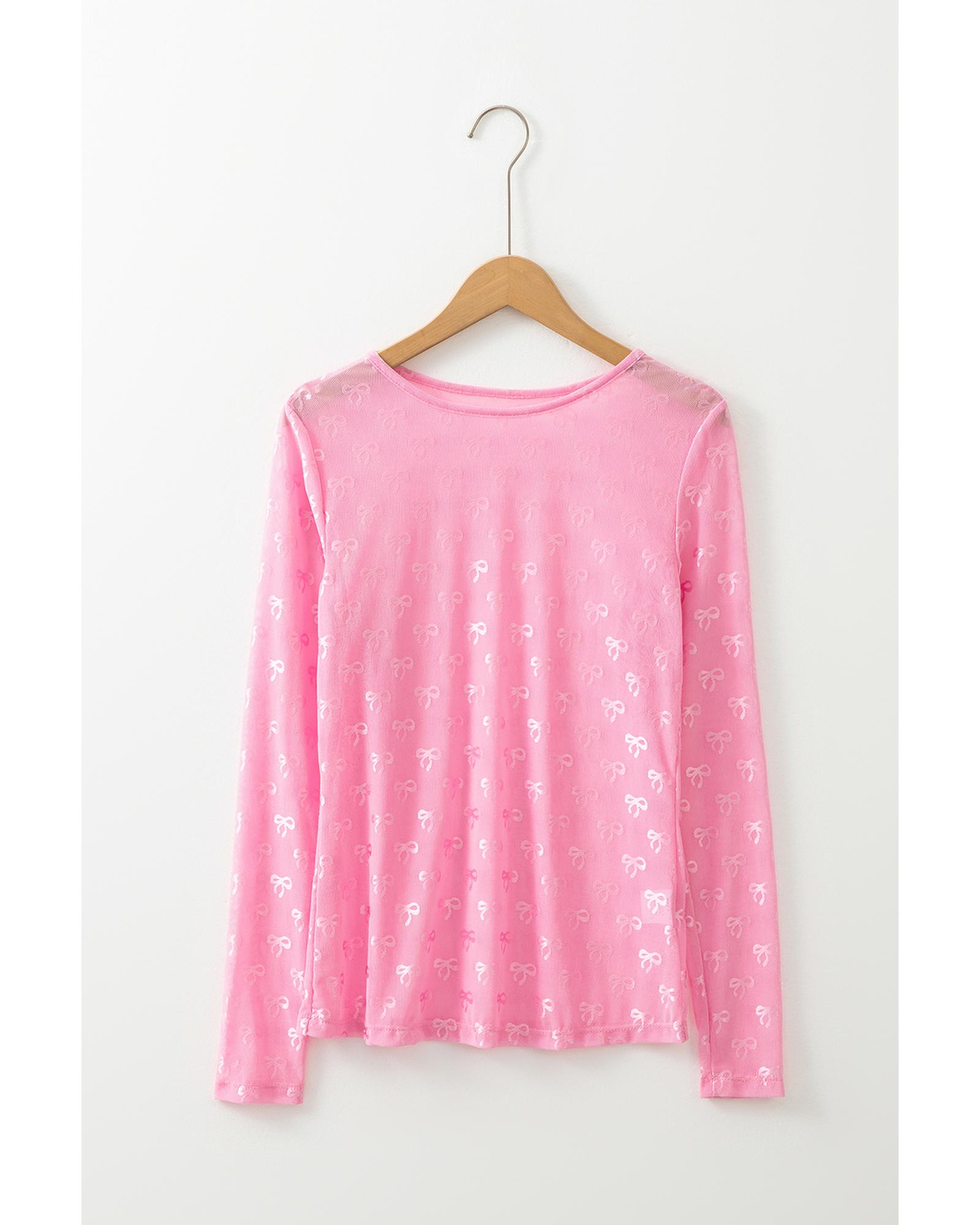 V539-AZEXDC25130571-P10-M-202506121440-00 Pink Mesh Bow Pattern Long Sleeve Top - M - Image 1